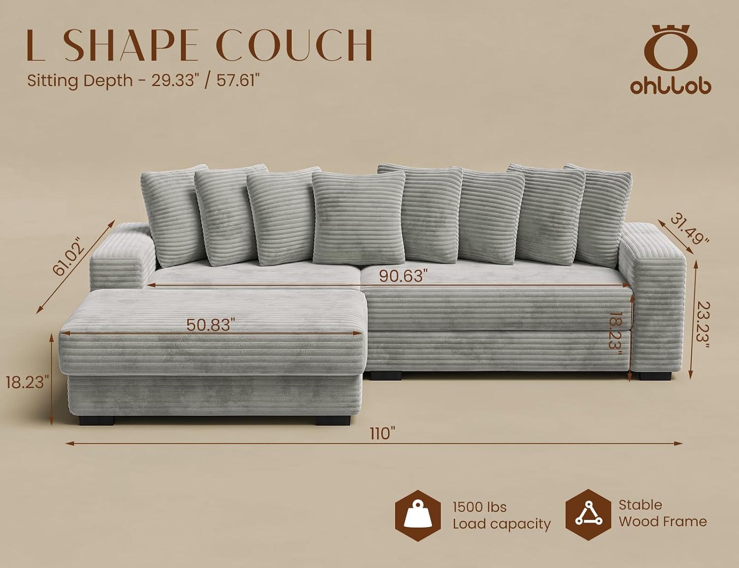 ohllob 110' Modular Sectional Sofa, L Shaped Couch with Chaise Lounge, Fluffy Corduroy Cloud Couch with Deep Seat for Living Room (Light Grey)