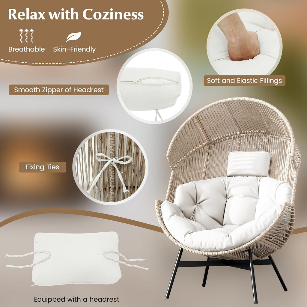 Tangkula Oversized Egg Style Chair, Wicker Stationary Patio Egg Chair w/Cushions & Headrest, Heavy-Duty Metal Frame, Patio Lounge Basket Sofa Chair for Yard, Porch, Living Room (Off White)