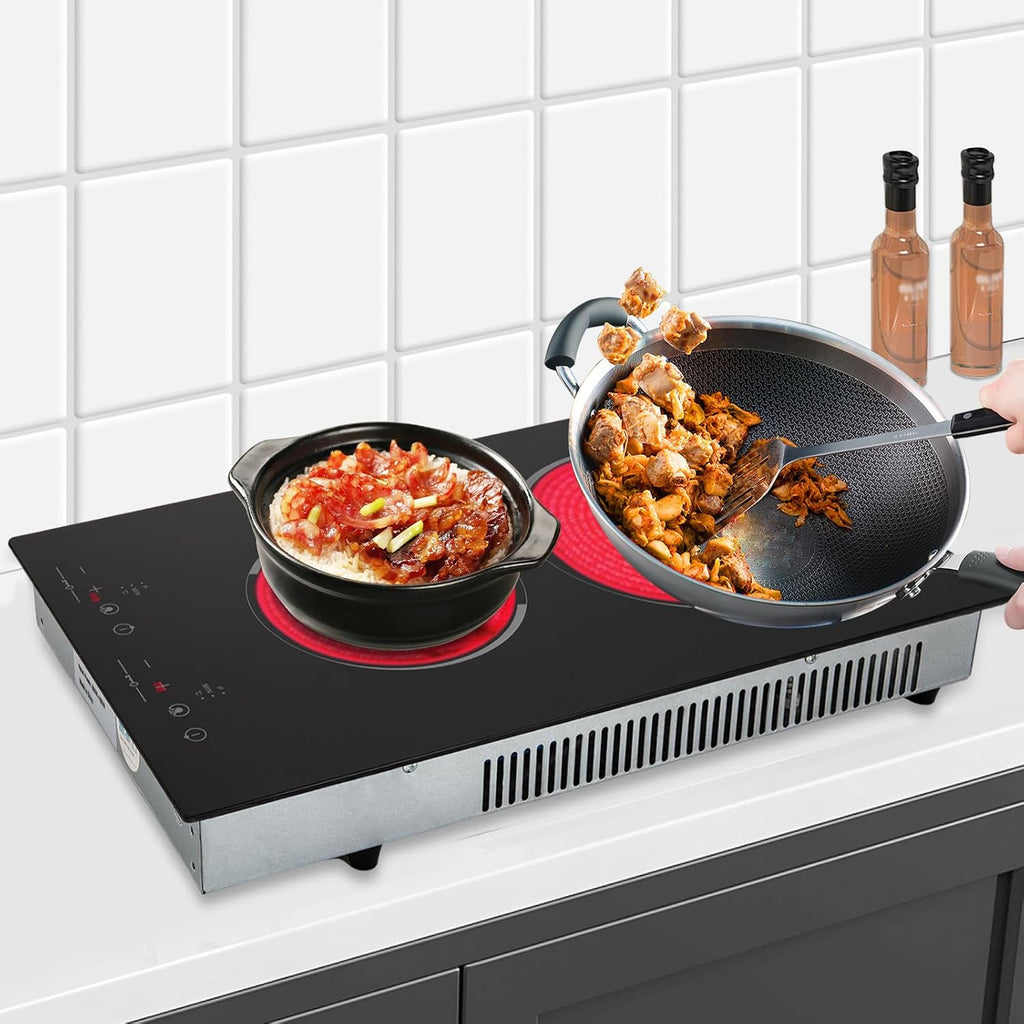 Electric Ceramic Cooktop 2 Burner, 1500W Induction Cooktop with 9 Power Levels, 140-482°F Temp Control & 120min Timer, Countertop Burner for All Pots, Black