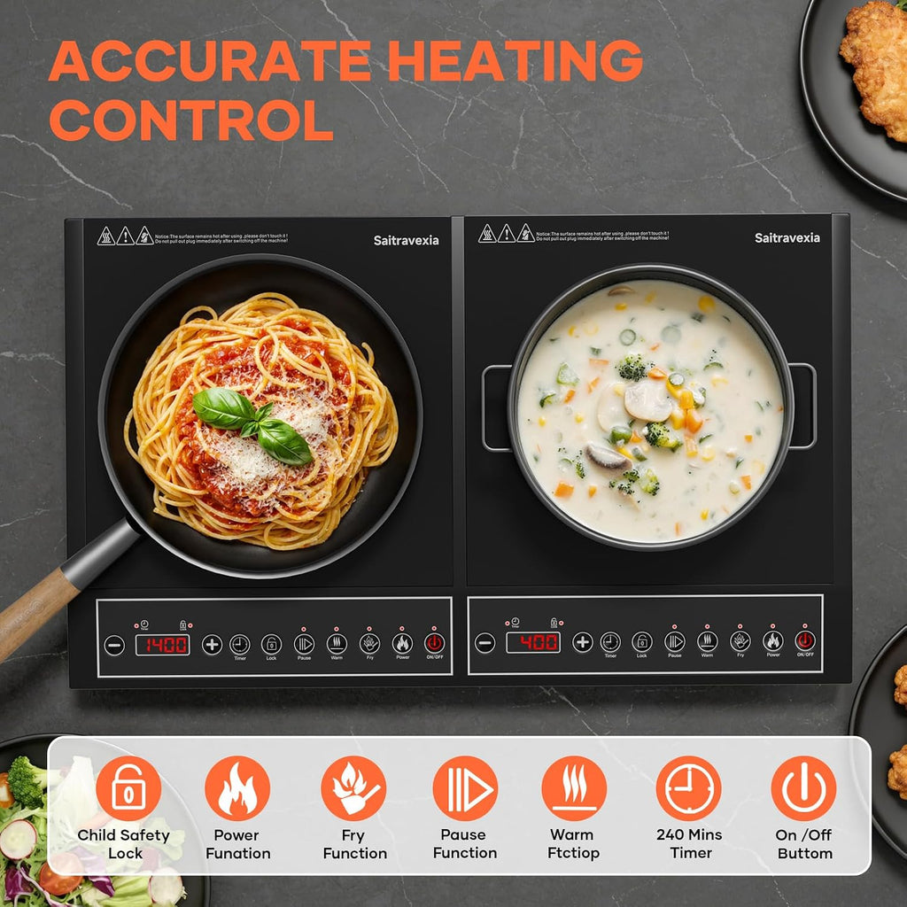 Double Induction Cooktop 1800W, Portable 2 Burner Electric Cooktop with Button Control, 10 Power Levels, 4-Hour Timer, Safety Lock, 110-120V