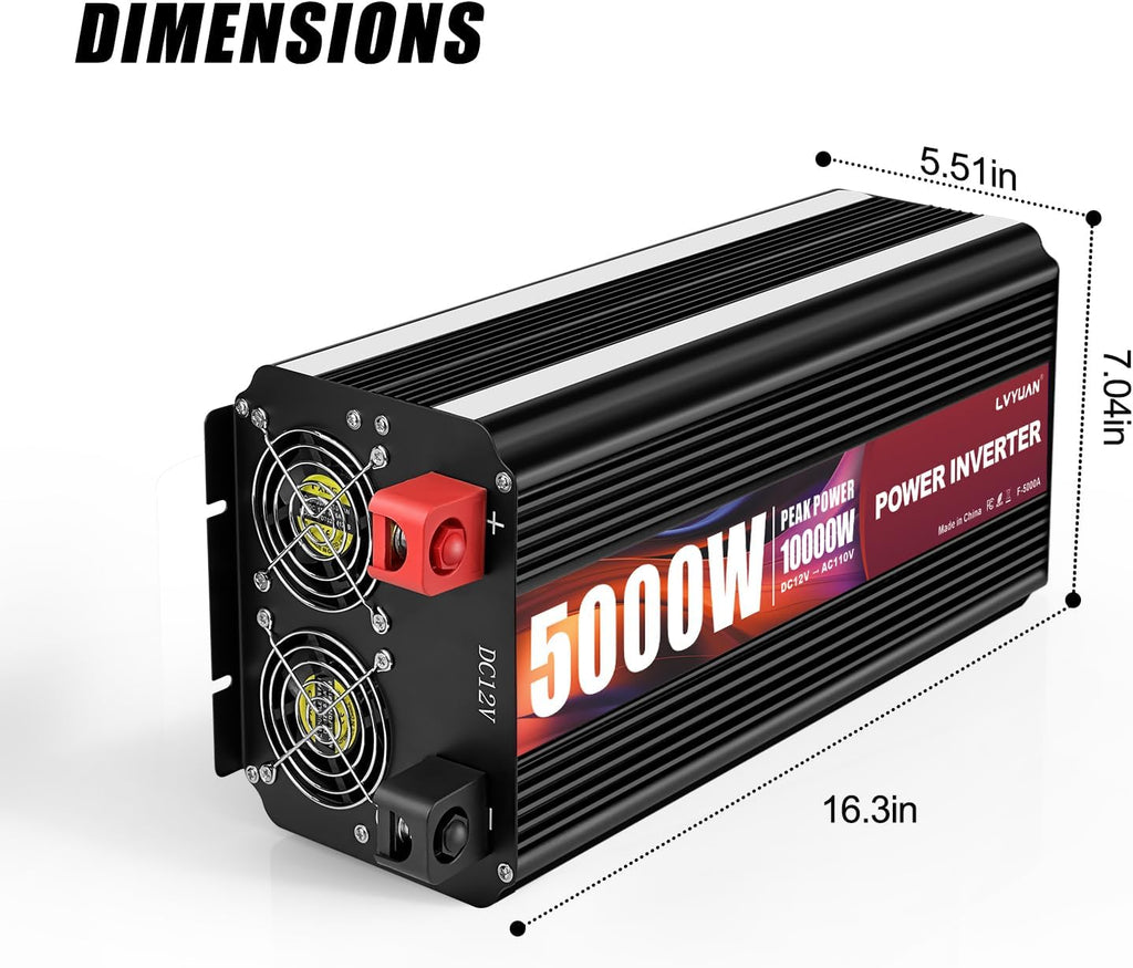 LVYUAN 5000 Watt Power Inverter 12V to 110V 120V for Vehicle, Solar Inverter System, Heavy Duty, RV, Truck, Off Grid,Camping with 4 AC Outlets, LCD Display, Wireless Remote Control, Car Power Inverter