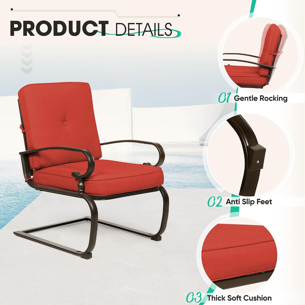 Incbruce 4Pcs Outdoor Metal Furniture Patio Conversation Sets (Glider, Bistro Table, 2 Spring Lounge Chairs) - Wrought Iron Outdoor Glider Chairs Sets (red)