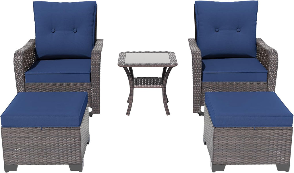 ALAULM 5-Piece Outdoor Swivel Rocking Chair Set with 4' Thick Cushions and High Back, Wicker Patio Chairs with Side Table & 2 Footstools for Porch, Poolside, Backyard—Dark Blue