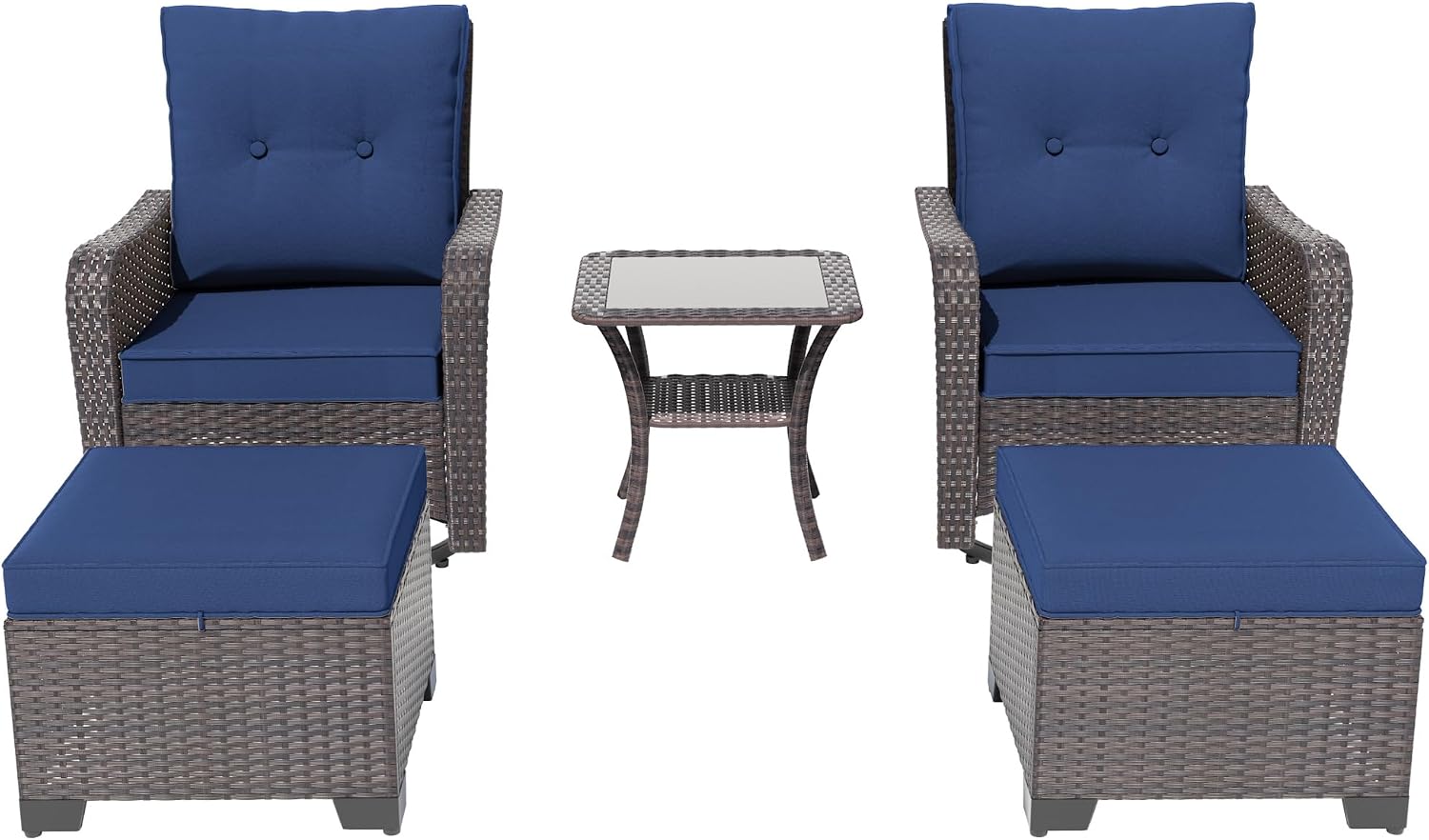ALAULM 5-Piece Outdoor Swivel Rocking Chair Set with 4' Thick Cushions and High Back, Wicker Patio Chairs with Side Table & 2 Footstools for Porch, Poolside, Backyard—Dark Blue
