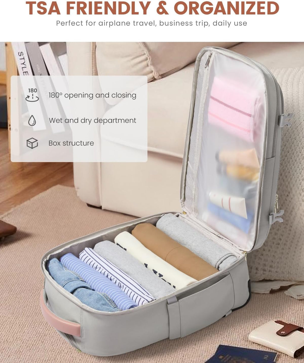 LOVEVOOK 50L Rolling Backpack with Wheels, 18 Inch Carry On Luggage for Women, Water Resistant Wheeled Travel Backpack, Flight Approved Underseat Trolley Bag for Business, Overnight Trips, College
