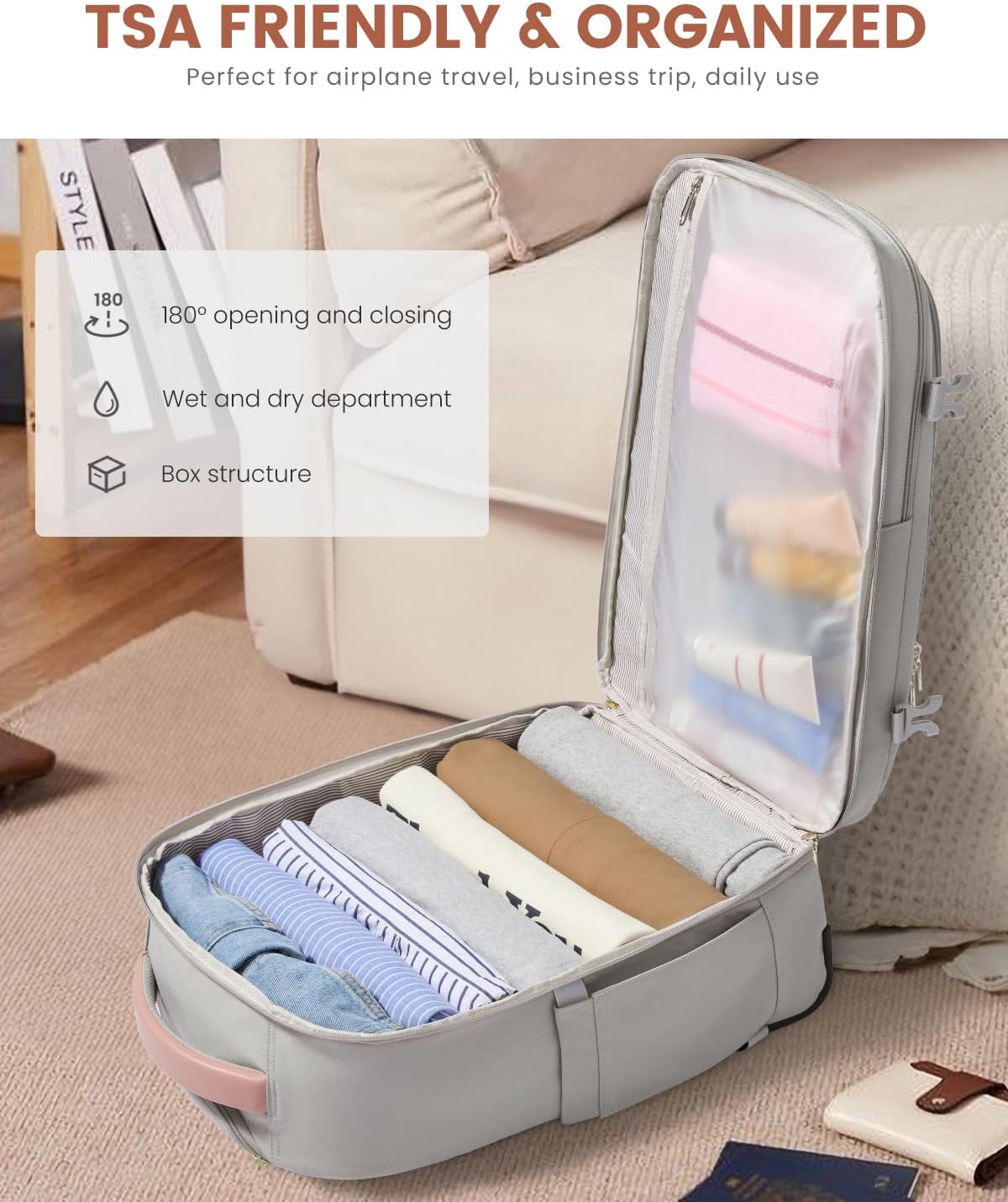 LOVEVOOK 50L Rolling Backpack with Wheels, 18 Inch Carry On Luggage for Women, Water Resistant Wheeled Travel Backpack, Flight Approved Underseat Trolley Bag for Business, Overnight Trips, College