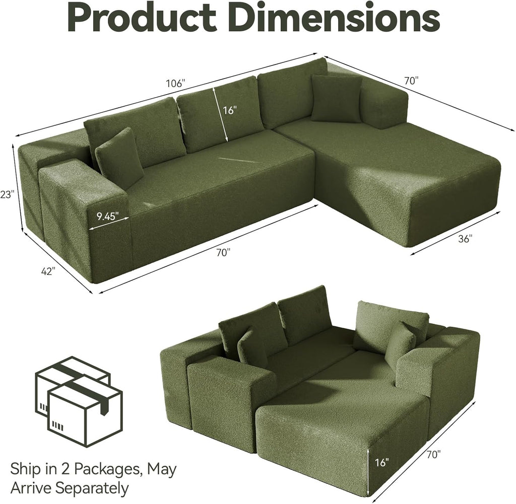 Cloud Wool Modular Sectional Sofa with Chaise, 106' L-Shaped Sofa Couch for Living Room, Deep Seat Plush Boneless Couches, Includes Pillows, Left Chaise, Green