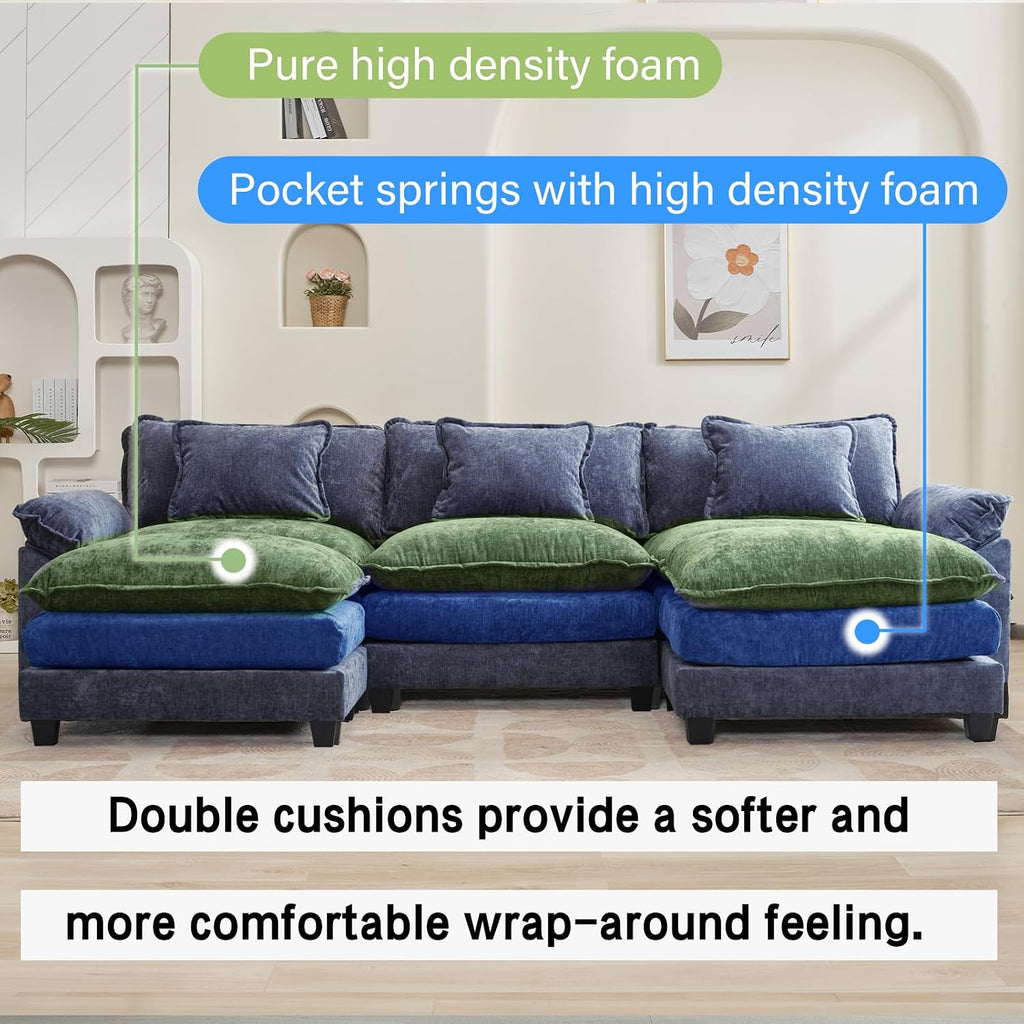 Oprisen 120' Modular Sectional Sofa, Comfy Cloud Couch Sectional Sofa with Ottoman, Chenille Sofa Sleeper Deep Seat Sofa with Throw Pillows for Living Room (Blue, 120'- U Shape)