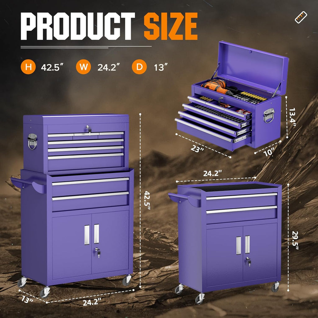 Oakcloud Lockable 8-Drawer Rolling Tool Chest & Cabinet Combo with Black Liner – Heavy-Duty Steel Garage Tool Box on Wheels – Detachable Top Toolbox & Bottom Storage Cart with Side Hooks, Purple