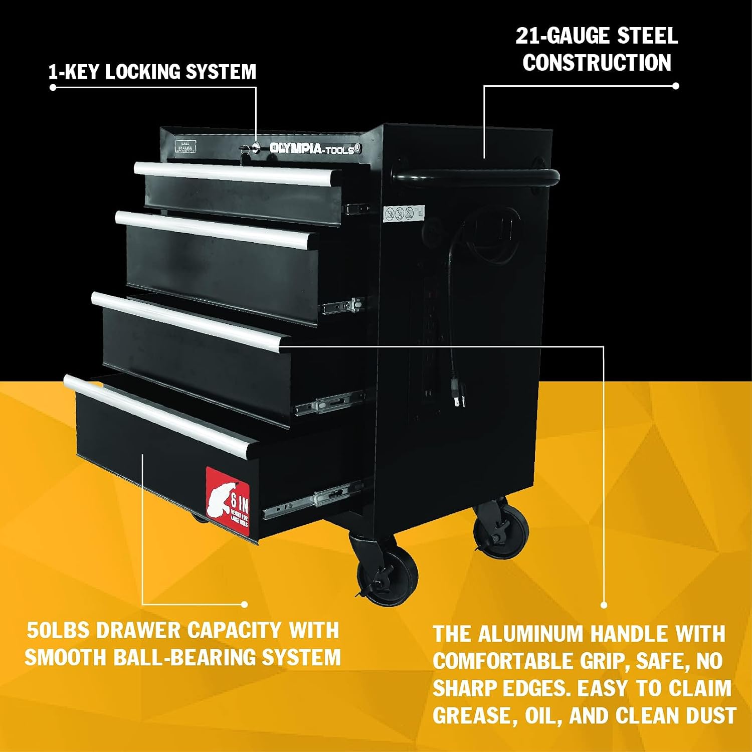 Olympia Tools 27-Inch Rolling Tool Cabinet with 4 Drawers - Mobile Tool Chest with Ball Bearing Slides and Fully Extendable Drawers for Garage Storage