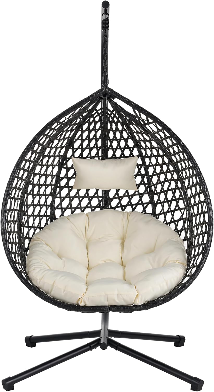 Egg Chair with Stand Patio Rattan Wicker Hanging Swing Egg Chair Hammock Chair for Indoor and Outdoor Egg Hanging Chair for Balcony Porch Garden 330lbs Capacity - Black+Beige