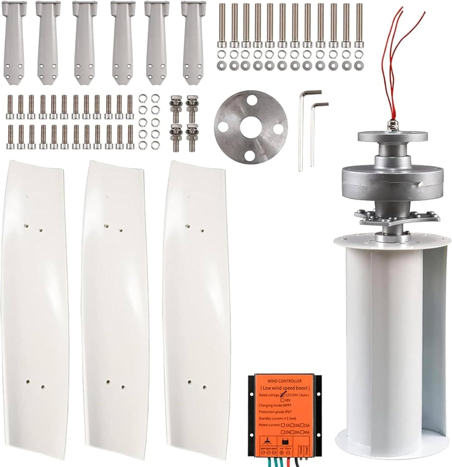 3000W Garden Vertical Wind Turbine Generator Kit, Three-Phase AC Vertical Wind 12V 24V 48V 220V Wind Turbine with MPPT Controller for Home Industrial Energy Equipment 24V