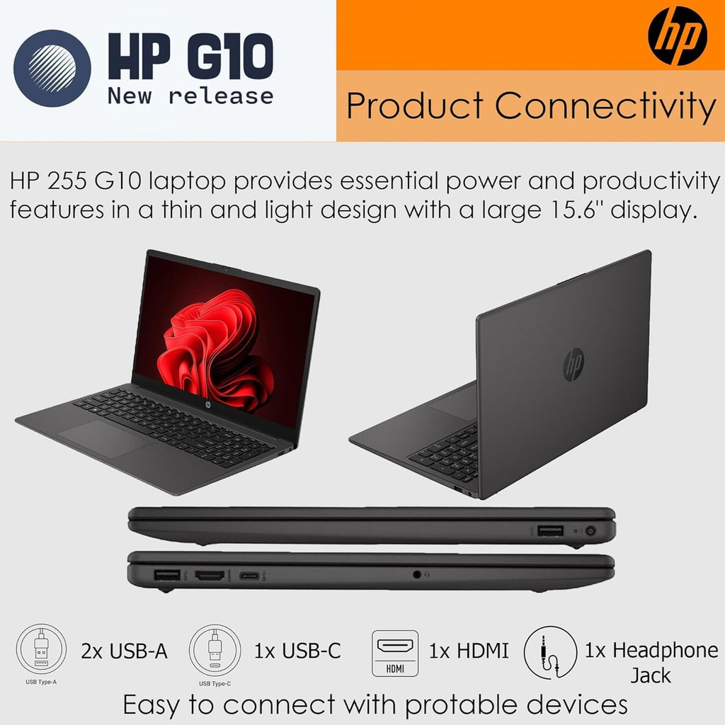 HP 255 G10 Laptop for Home or Work – Speed 6-Core Ryzen 5 (Up to 4.5 GHz), 16GB RAM, 256GB SSD, 15.6' Full HD, Windows 11 Pro, Wi-Fi 6, USB-C, WOWPC Recovery USB – Business and Fun Ready