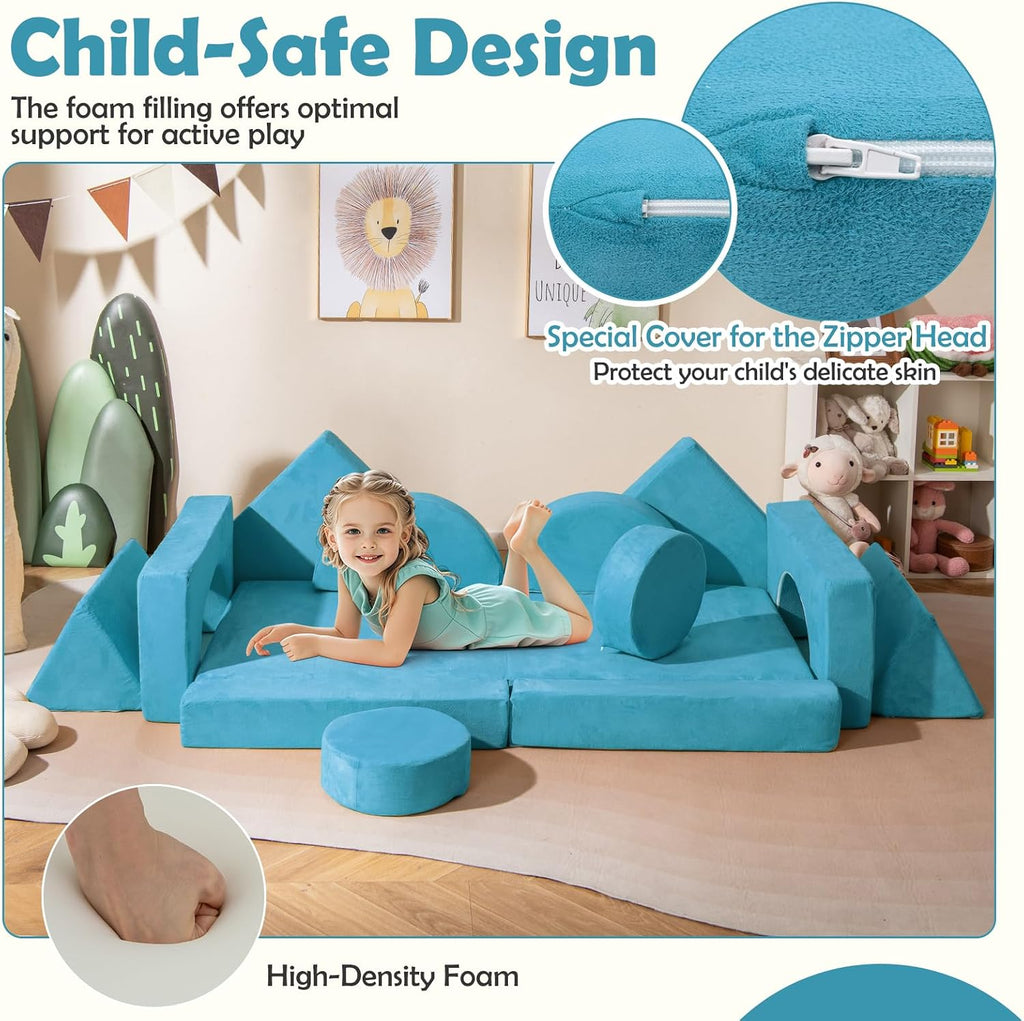 Costzon 14 PCS Modular Kids Play Couch, Child Sectional Sofa, Versatile Toddler Soft Building Blocks Sofa Playset for Playroom Bedroom, Convertible Foam and Floor Cushion for Boys Girls Gifts (Blue)