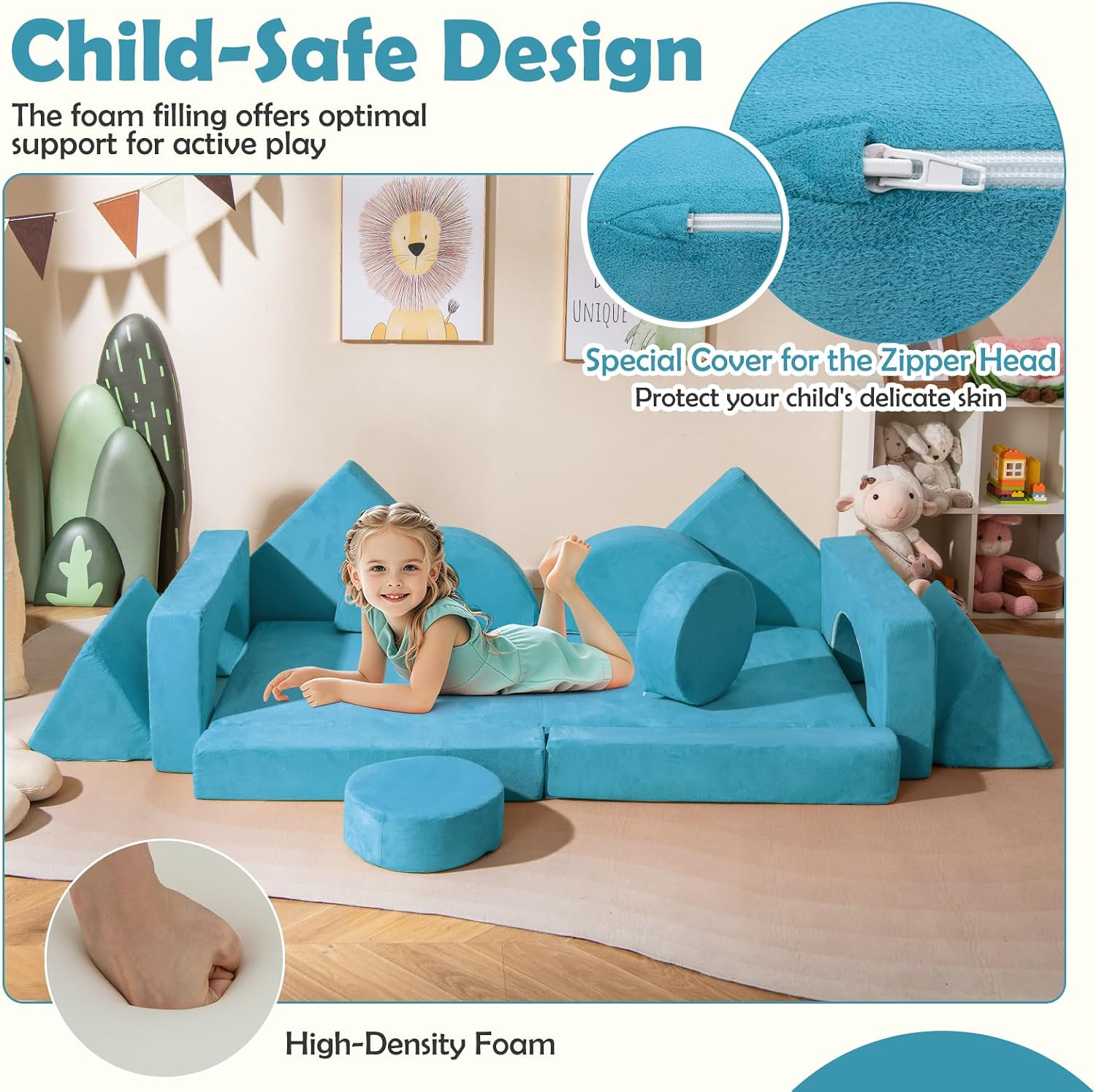 Costzon 14 PCS Modular Kids Play Couch, Child Sectional Sofa, Versatile Toddler Soft Building Blocks Sofa Playset for Playroom Bedroom, Convertible Foam and Floor Cushion for Boys Girls Gifts (Blue)