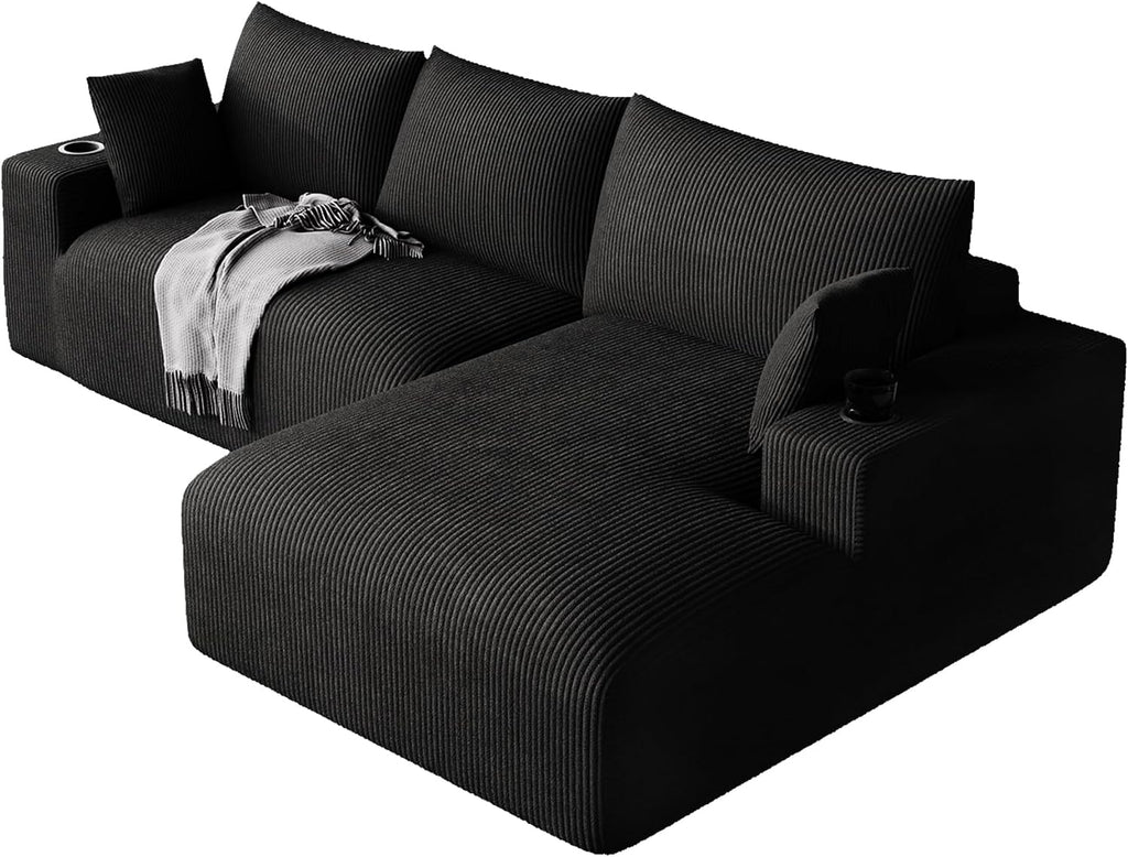 Oversized L Shaped Boneless Couch with Wide Right-Facing Chaise, 113' Fluffy Cloud Sectional Couches for Living Room, Plush Corduroy Memory Foam Modular Sectional Sofa with Cup Holder, Black