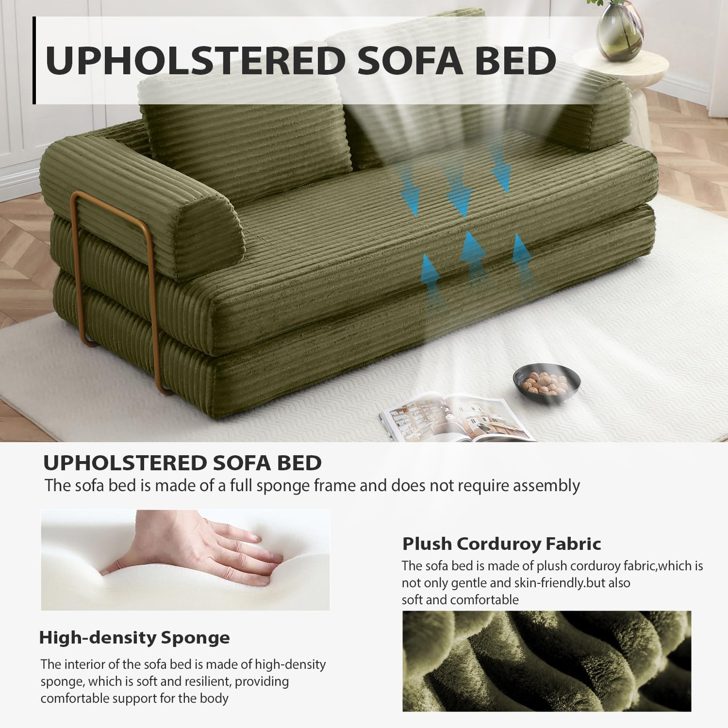 HANXIN 80 Inch Convertible Sleeper Sofa Bed, High Back Plush Corduroy Folding Floor Mattress Couch with Fixed-Shape Frame, Boneless Futon Loveseat with Pull Out Bed, No Assembly Required (Green)