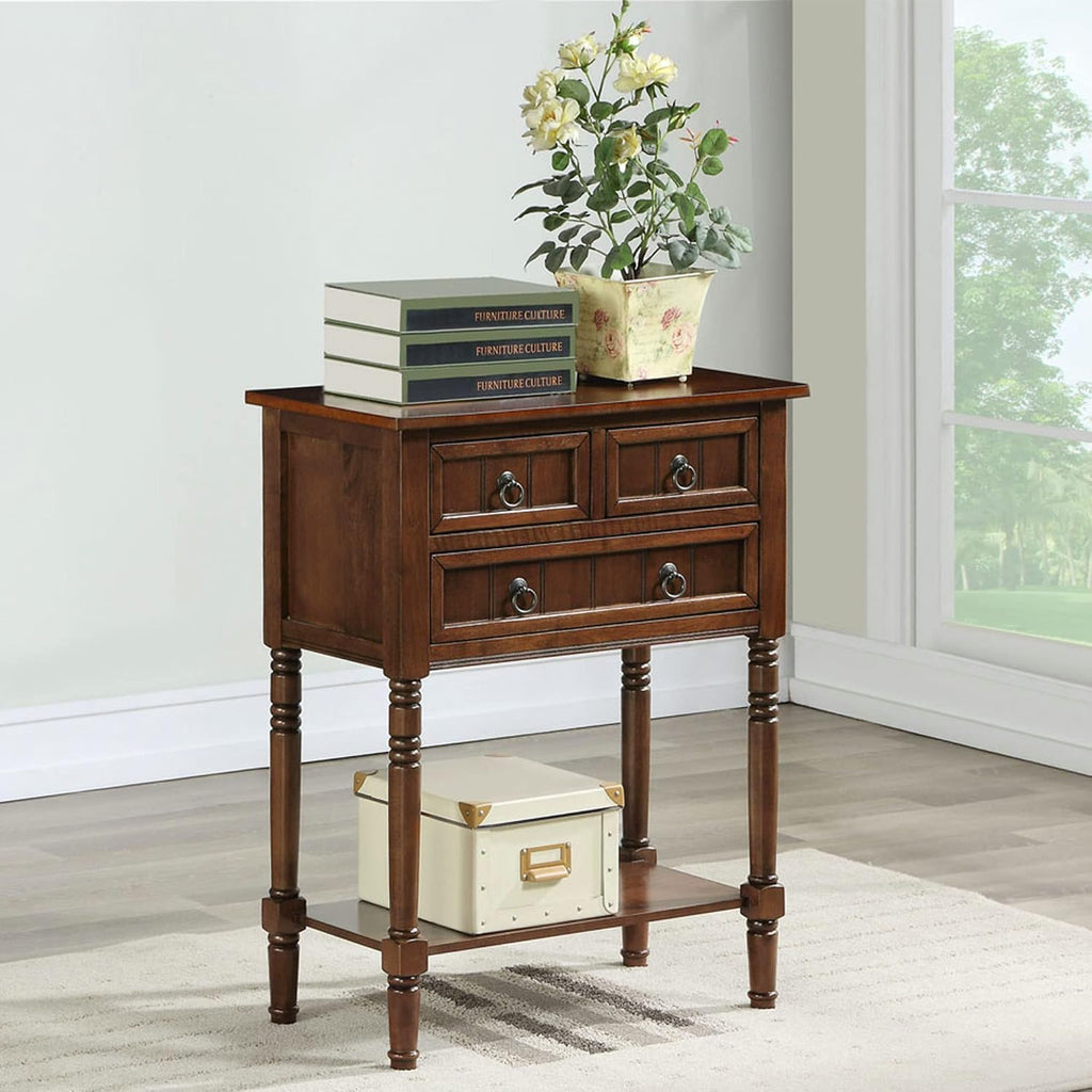 Convenience Concepts Kendra Entryway Hall Table 23.75' - 3 Storage Drawers, Traditional Console with Shelf for Decor, Office & Hallway Organizer, No Tools Assembly, Solid Wood Legs, Espresso
