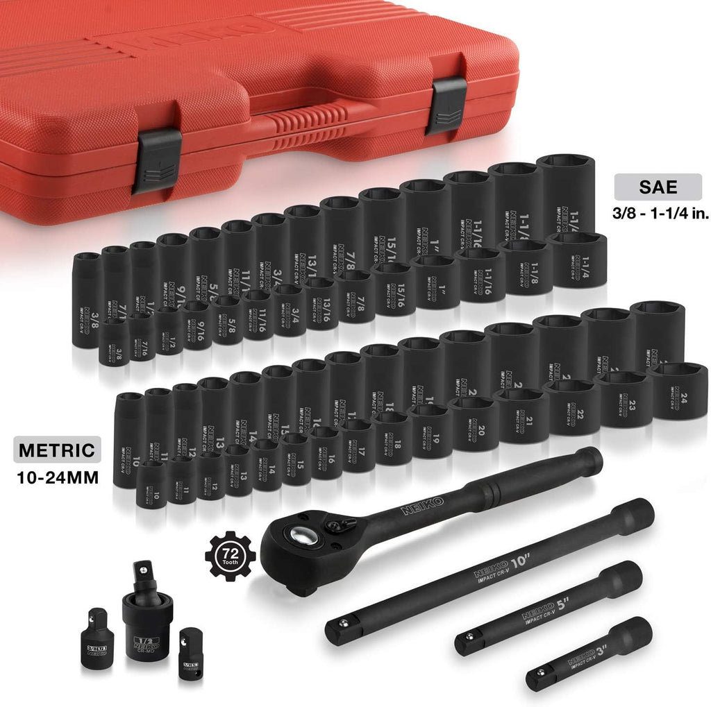 NEIKO 02448A 1/2' Drive Master Impact Socket Set, 65 Piece, Standard SAE (3/8'-1-1/4') & Metric (10-24 mm) Sizes, Deep & Shallow Kit, Includes Adapters & Ratchet Handle