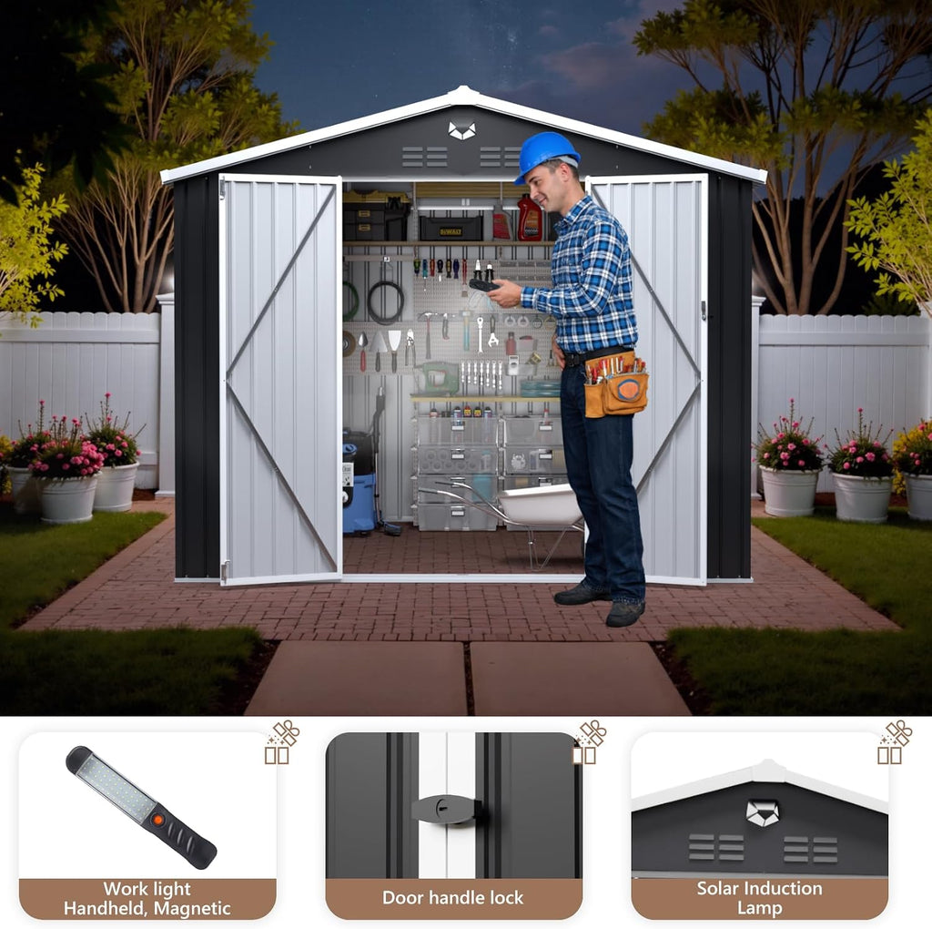 10x8 FT Outdoor Storage Shed, Metal Garden Shed - Tool Storage Sheds with Lockable Doors, Waterproof Outside Storage Building for Backyard, Patio (Black; Floor Not Included)