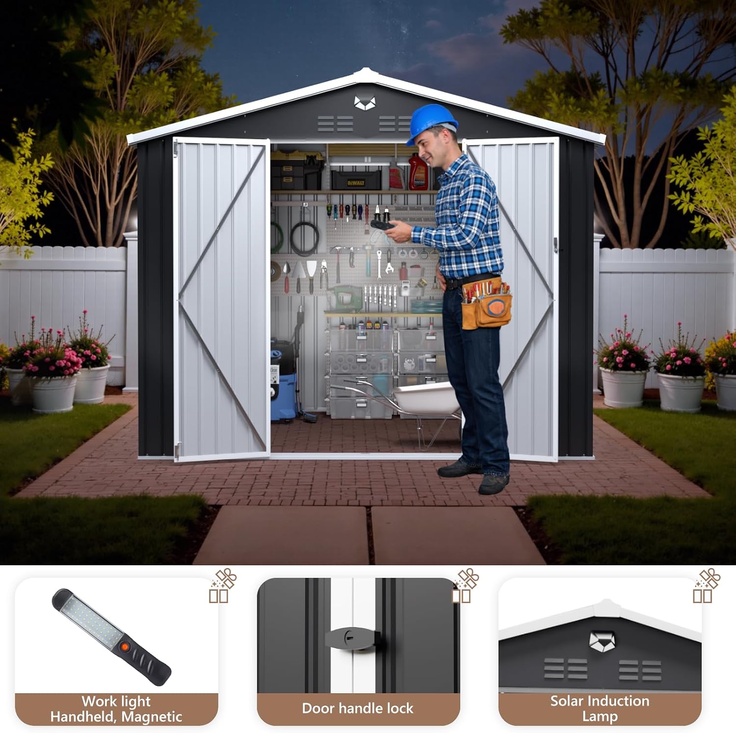 10x8 FT Outdoor Storage Shed, Metal Garden Shed - Tool Storage Sheds with Lockable Doors, Waterproof Outside Storage Building for Backyard, Patio (Black; Floor Not Included)