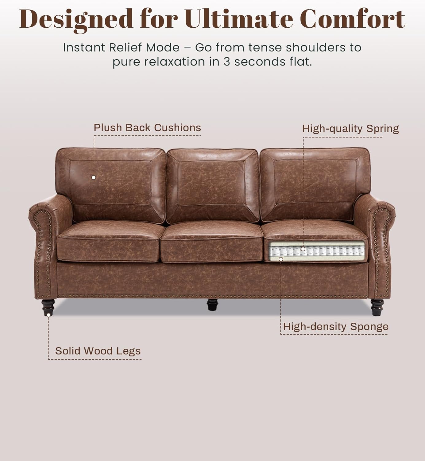 Kingfun Mid-Century Modern Couch, Faux Leather Sofa, 3 Seater Couch for Living Room with Rolled arms & Nailhead Trim, Dark Brown