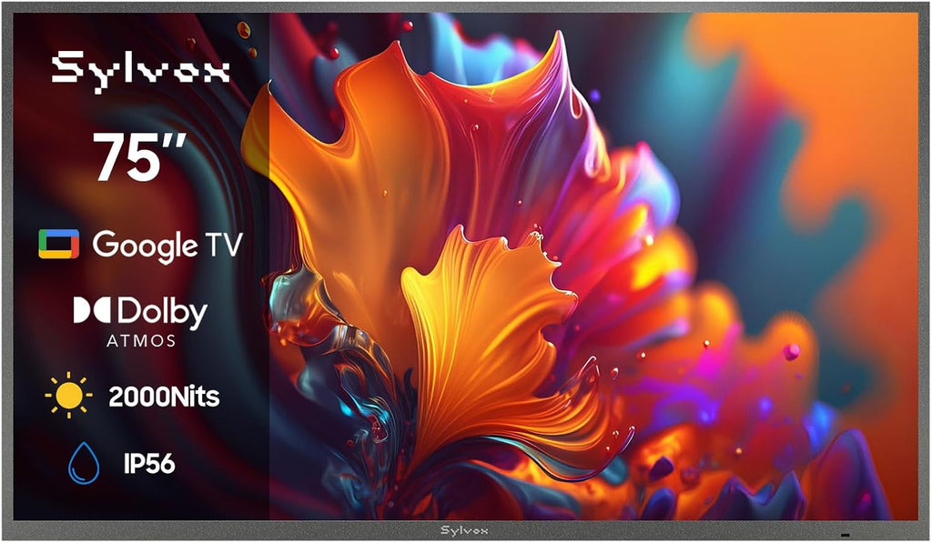 SYLVOX Full Sun Outdoor TV, 75'' QLED Smart TV, IP55 Waterproof, Dolby Vision HDR, Voice Remote,2000nits Weatherproof Television, Chromecast Built-in for Full Sun Area(Pool Pro QLED 3.0)