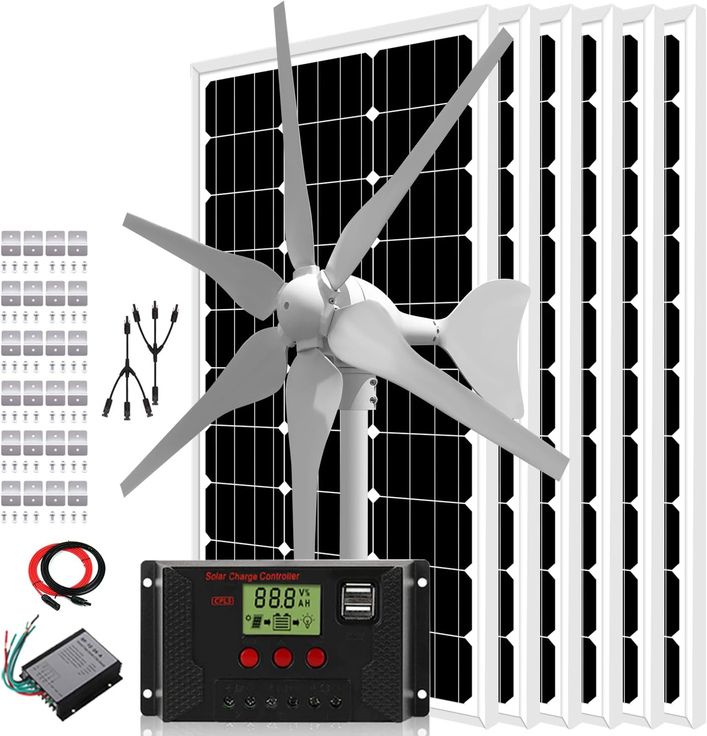 1000W 24V Solar Wind Combo Kit for Home RV Boat Cabin: 6 * 100W Glass Solar Panels + 400W Wind Turbine Generator + Solar/Wind Charge Controller +Z Brackets & Cable Connection