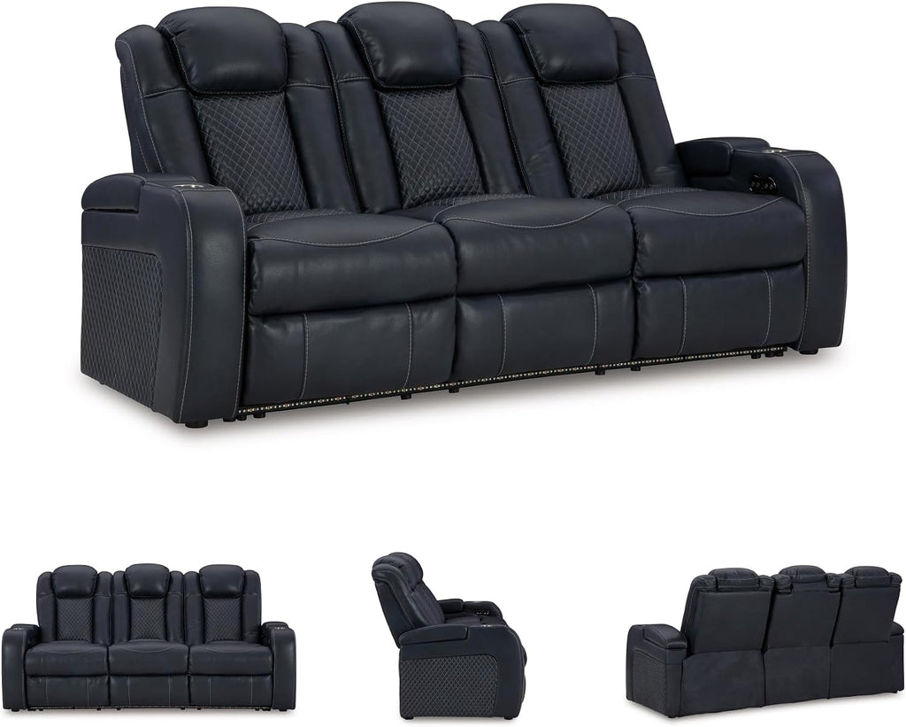 Signature Design by Ashley Fyne-Dyme Power Reclining Sofa with USB Ports and Adjustable Headrest, Drop Down Table, Faux Leather, 21' Seat Height, Blue
