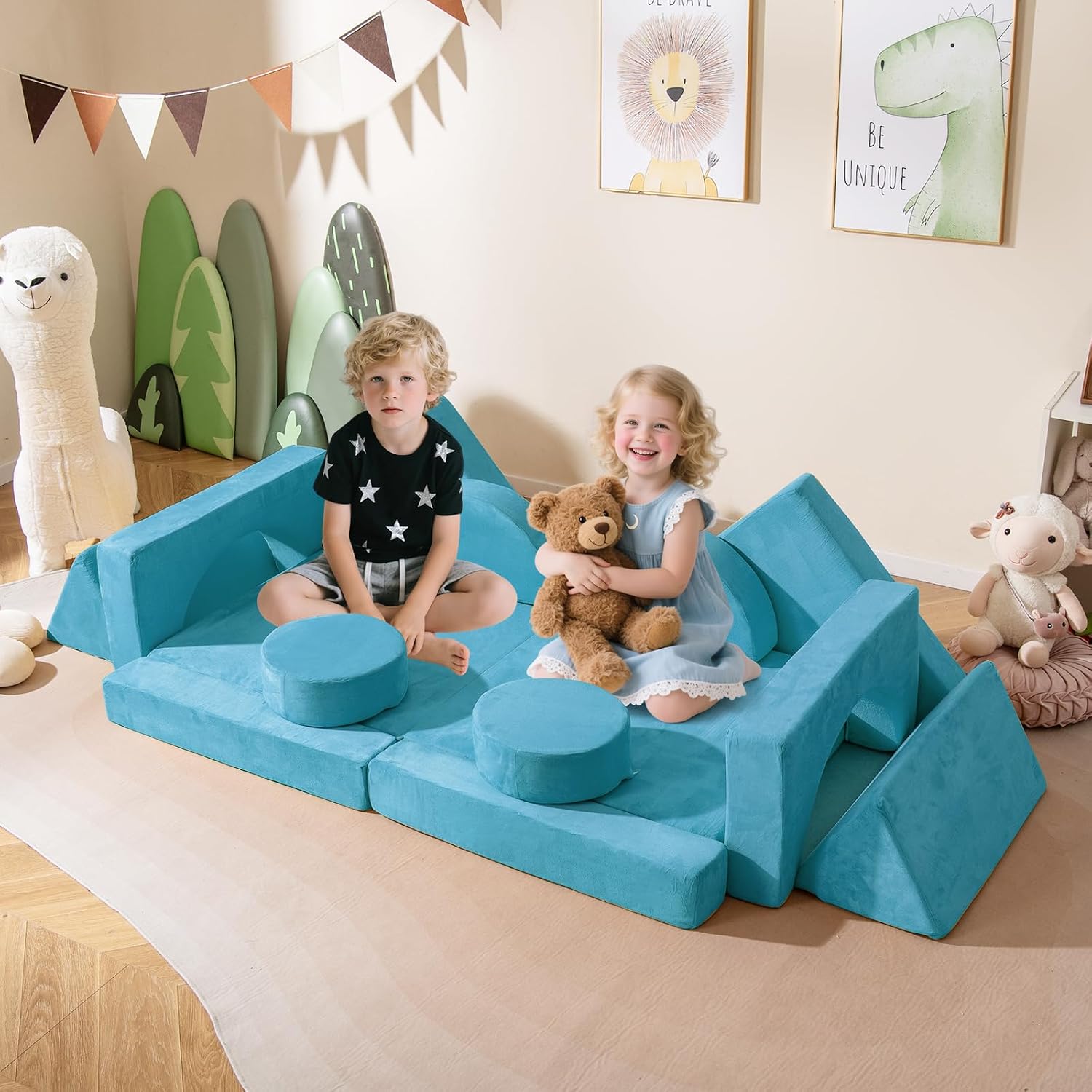 Costzon 14 PCS Modular Kids Play Couch, Child Sectional Sofa, Versatile Toddler Soft Building Blocks Sofa Playset for Playroom Bedroom, Convertible Foam and Floor Cushion for Boys Girls Gifts (Blue)