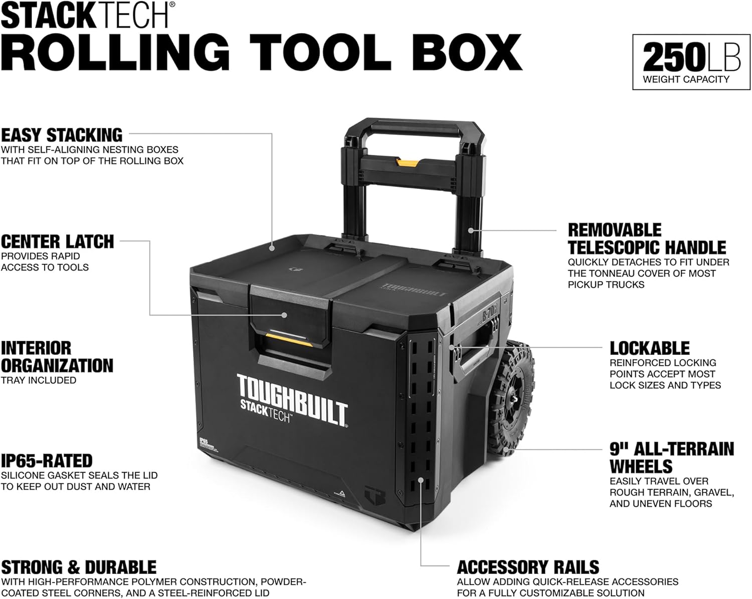 ToughBuilt StackTech Rolling Tool Box, Heavy-Duty Portable Tools Organizer, 250 lb Capacity - Stackable and Waterproof Toolbox Storage System with Lockable Lid and 9-Inch All-Terrain Wheels
