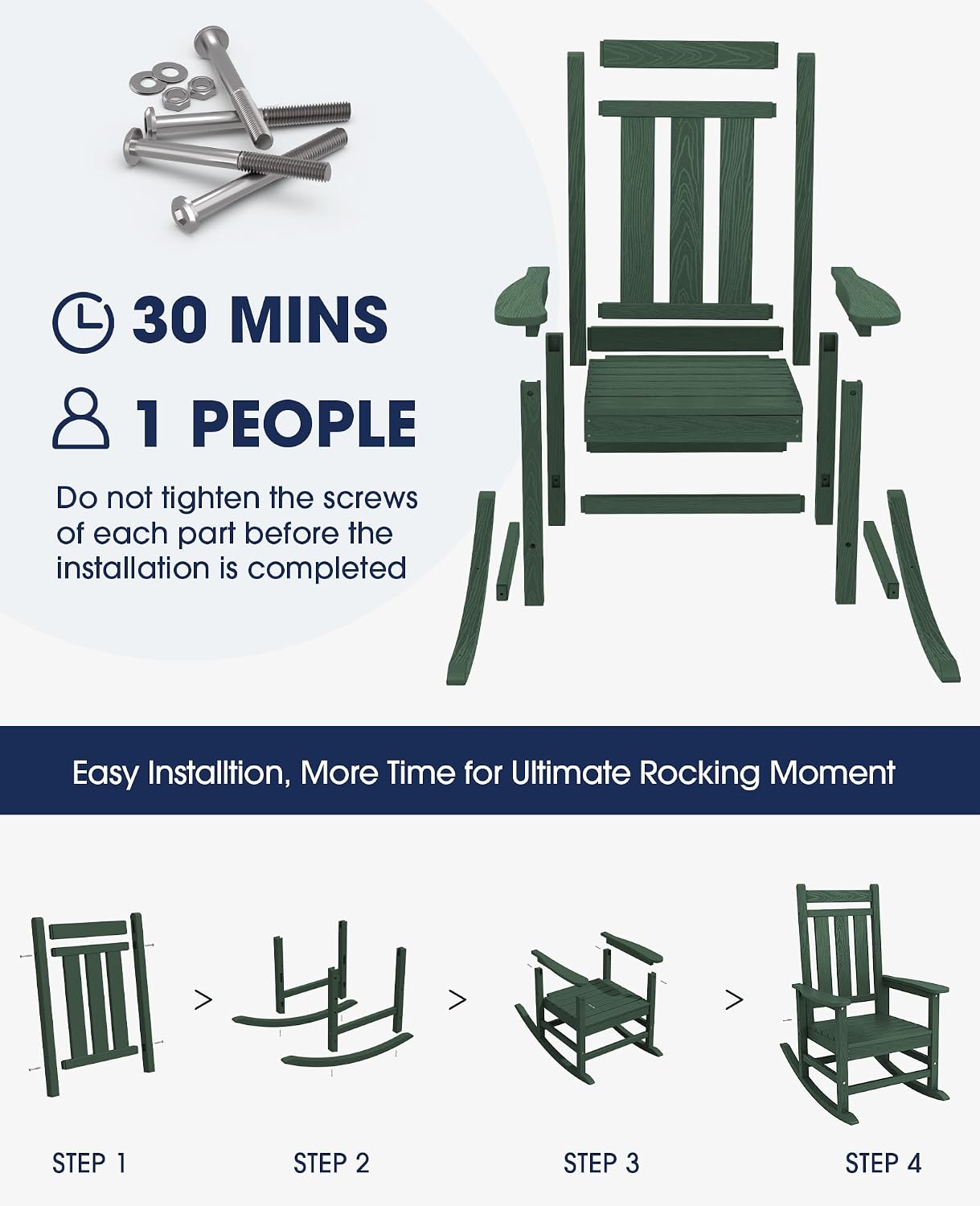 KINGYES Oversized Outdoor Rocking Chair, All-Weather Patio Rocking Chairs for Porch, HDPE Outdoor Patio Rockers with High Back & Wide Seat for Garden, Lawn, Green