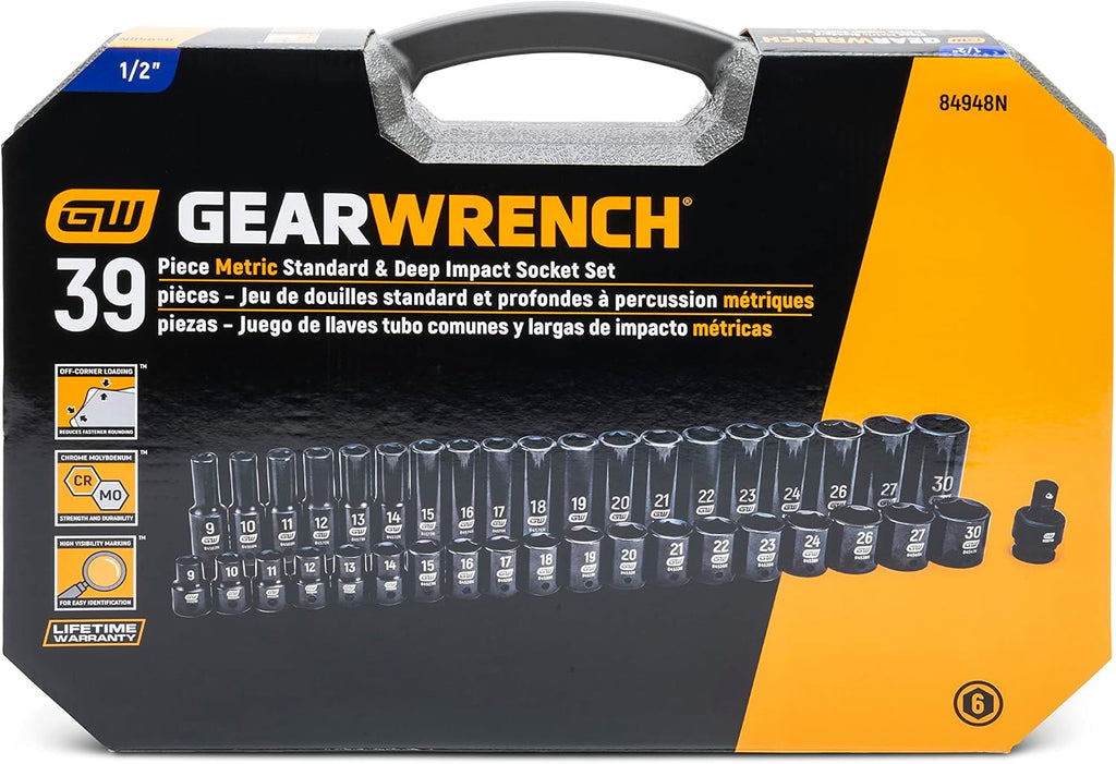 GEARWRENCH 39 Piece 1/2inch Drive 6 Point Impact Socket Set, Standard & Deep, Metric - 84948N