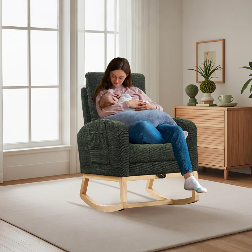 Rosevera Nursery Rocking Chair with Adjustable Footrest for Living Room - Teddy Fabric, Solid Wooden Legs, Comfortable Lounge Armchair with High Backrest and Side Pockets (Modern, Dark Green)