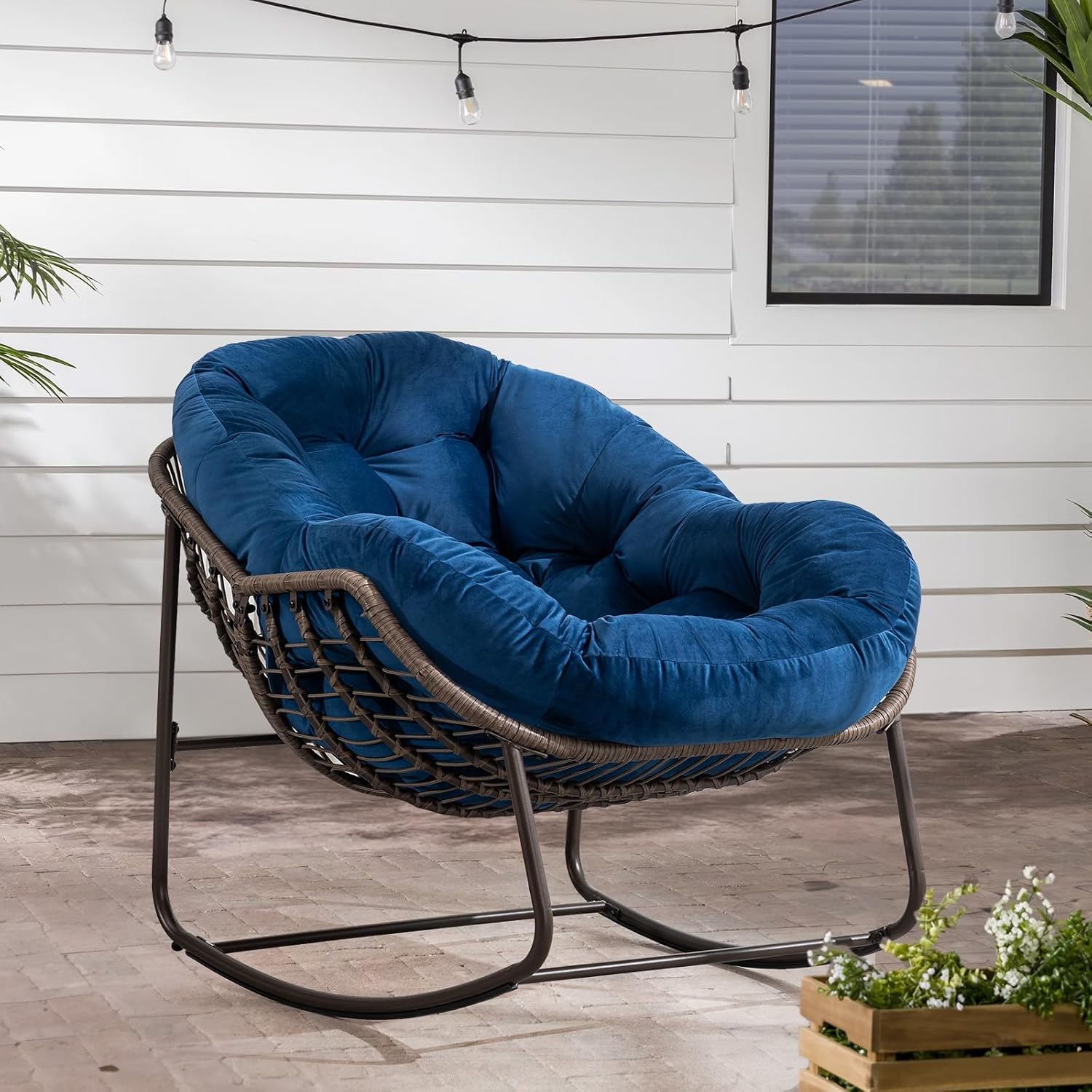Outdoor Rocking Chair, Indoor Rattan Rocker Egg Chair, Comfy Oversized Papasan Chair with Thicker Cushion for Patio, Front Porch, Backyard, Garden, Balcony, Lounge, Living Room, Patio,Navy