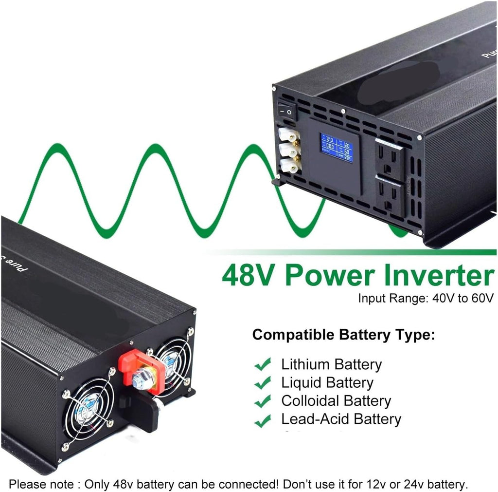 3000W LCD Display Pure Sine Wave Power Inverter Solar Generator Inverter Battery 12V/24V/36V/48VDC to 120V/220V/230VAC Converter(36V,100V)
