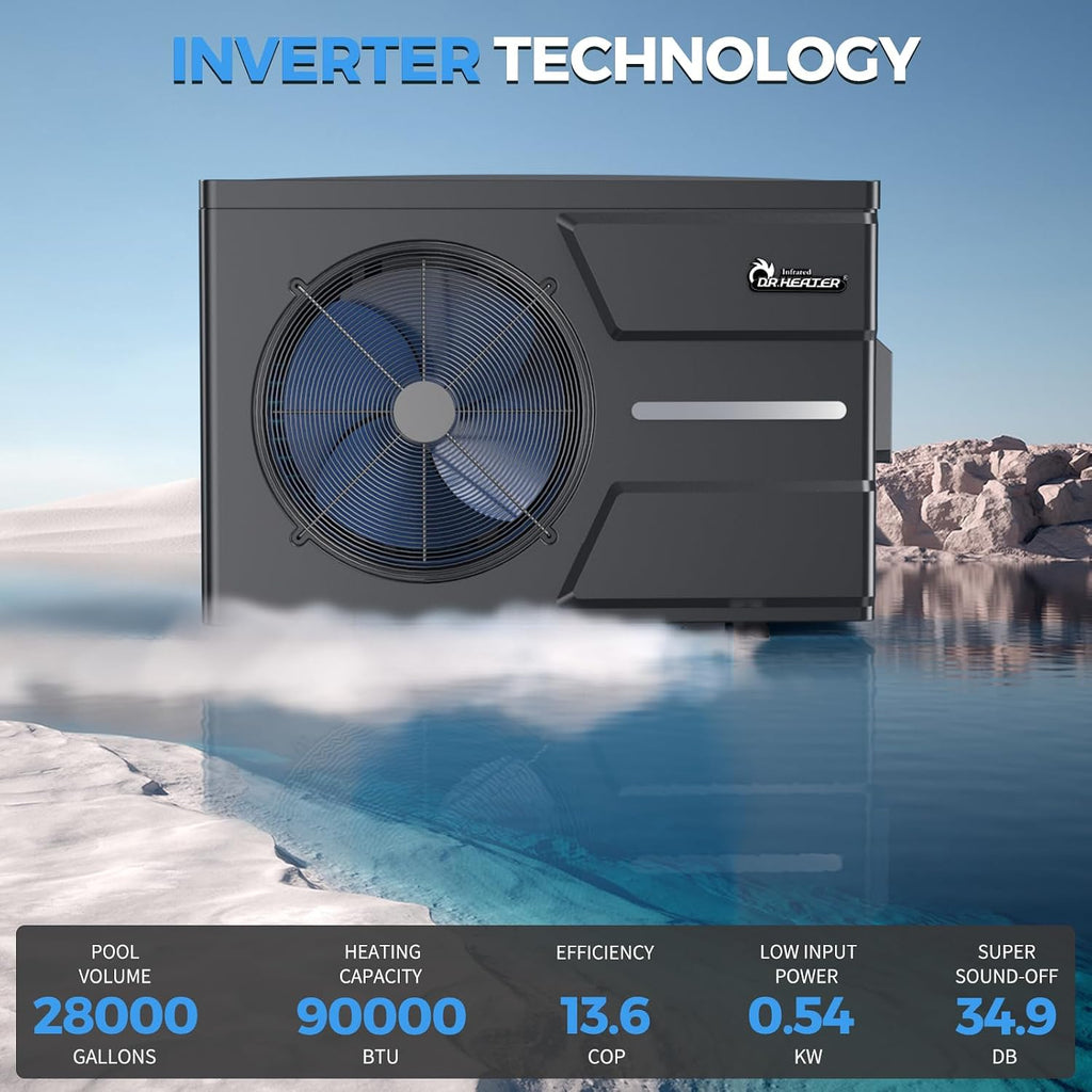 DR. Infrared Heater DR-900HP Full DC Inverter 90,000 BTU Heat Pump In-Ground and Above-Ground Swimming Pools, WiFi Smart Control via APP, Black