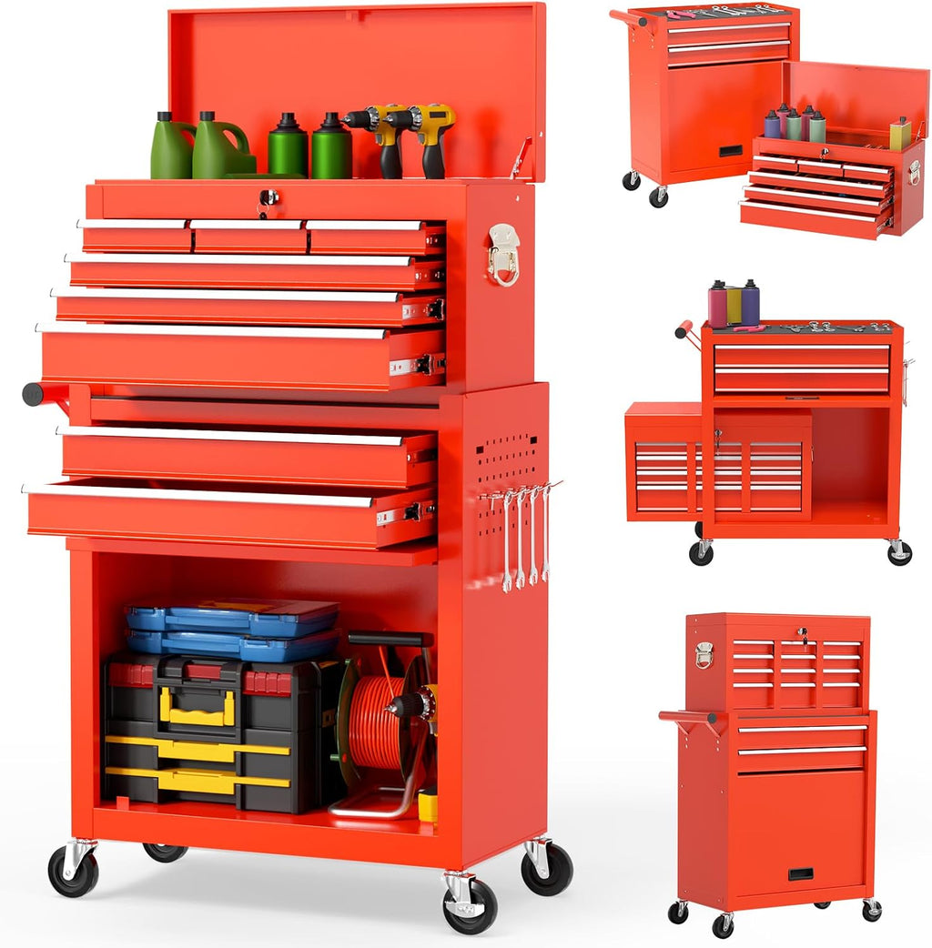 On Shine 8 Drawer Rolling Tool Chest, Large Capacity Rolling Tool Box with Wheels, Locking Mechanical Tool Chest, Portable Tool Box with Sliding Drawers for Garage Workshop and Tool Room (Red)