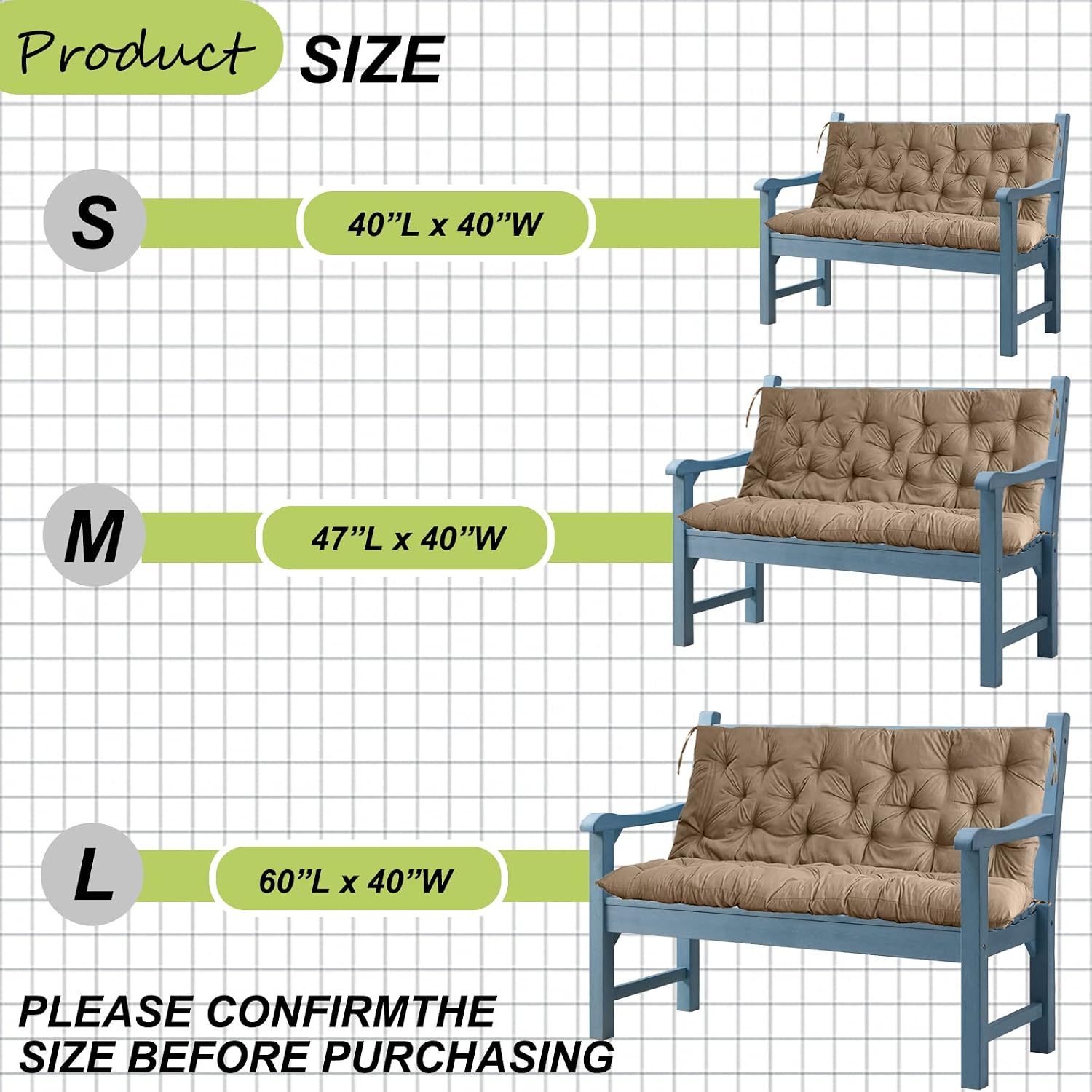 Waterproof Porch Swing Cushion Replacement, Thick 4' 2–3 Seat Outdoor Swing Seat Cushion with Backrest & Ties for Patio, Garden & Porch (Khaki 40 * 40 in)