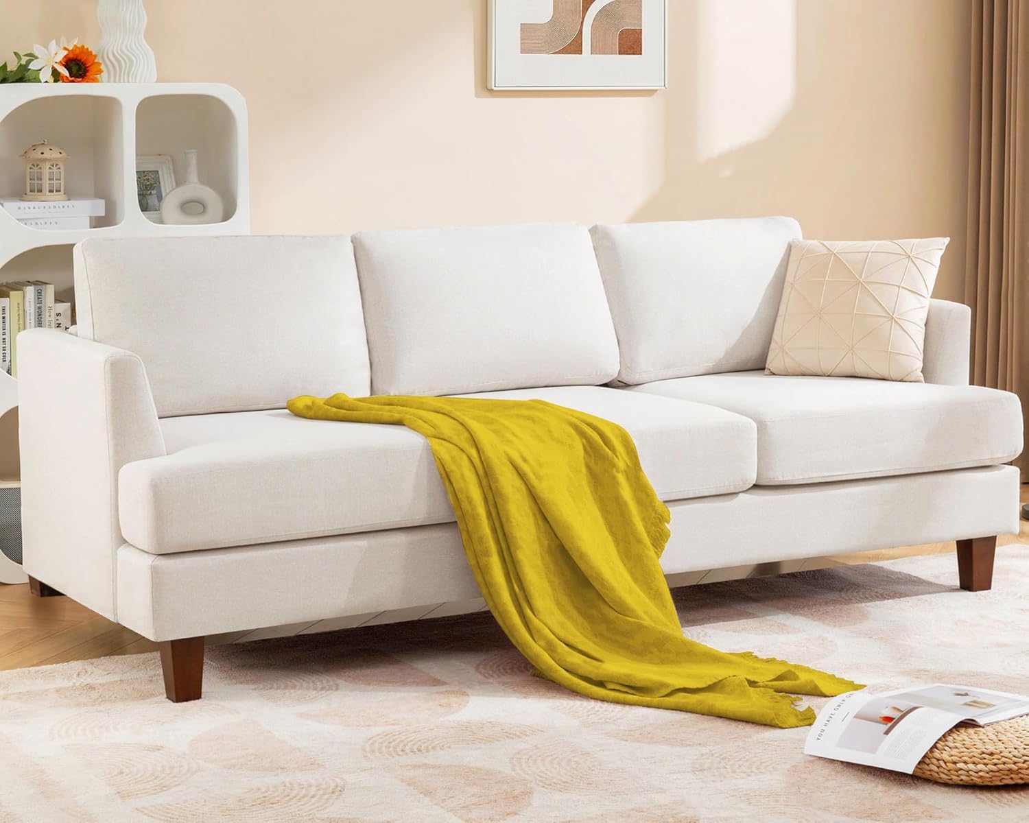 Busaurus 3 Seater Sofa Couch with Deep Seats, 89' Mid Century Modern Upholstered Sofa with Armrests, Comfy Couches for Living Room, Bedroom, Apartment and Office (Beige)