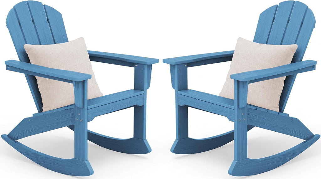 SERWALL Outdoor Adirondack Rocking Chairs Set of 2 with Pillows(500 PP Cotton Filling), All-Weather HDPE Adirondack Rocker Chair, Front Porch Rocker Chairs for Patio Lawn Porch Deck, Blue