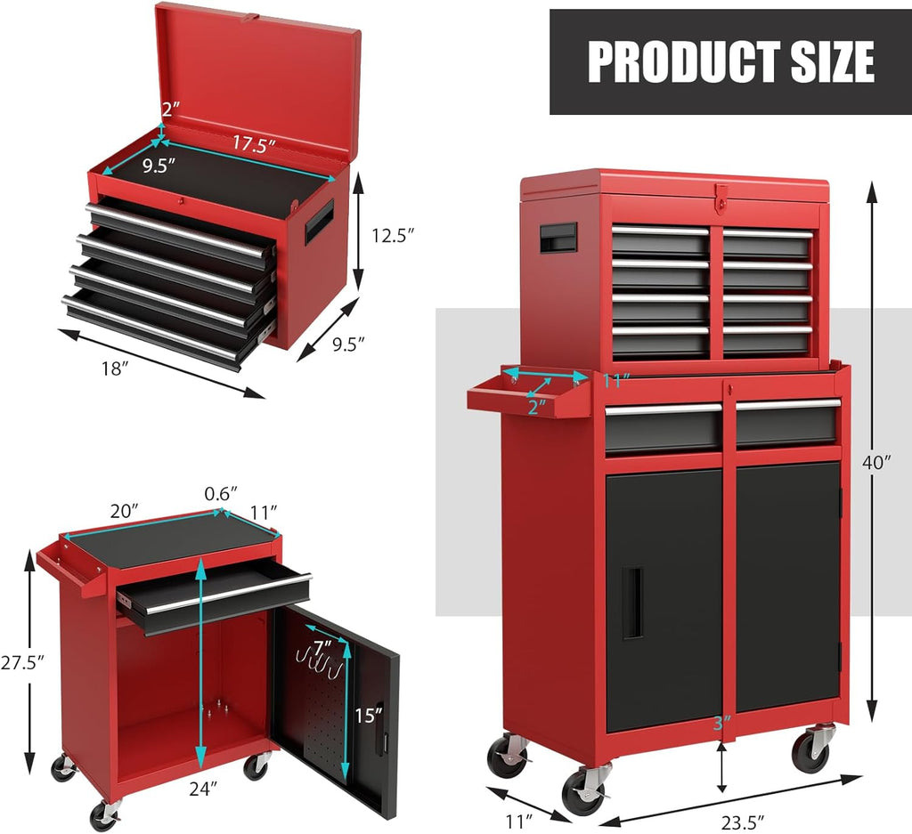 Goplus Tool Chest, 5-Drawer Rolling Tool Storage Cabinet with Detachable Top Tool Box, Liner, Universal Lockable Wheels, Adjustable Shelf, Locking Mechanism, Metal Tool Cart for Garage Workshop