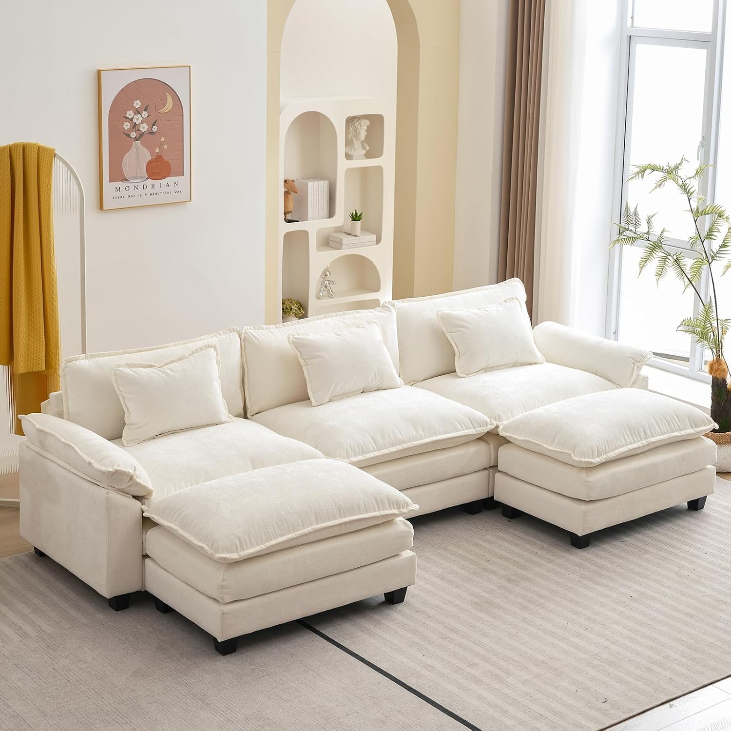 Oprisen 120' Modular Sectional Sofa, Comfy Cloud Couch Sectional Sofa with Ottoman, Chenille Sofa Sleeper Deep Seat Sofa with Throw Pillows for Living Room (Beige White, 120'- U Shape)