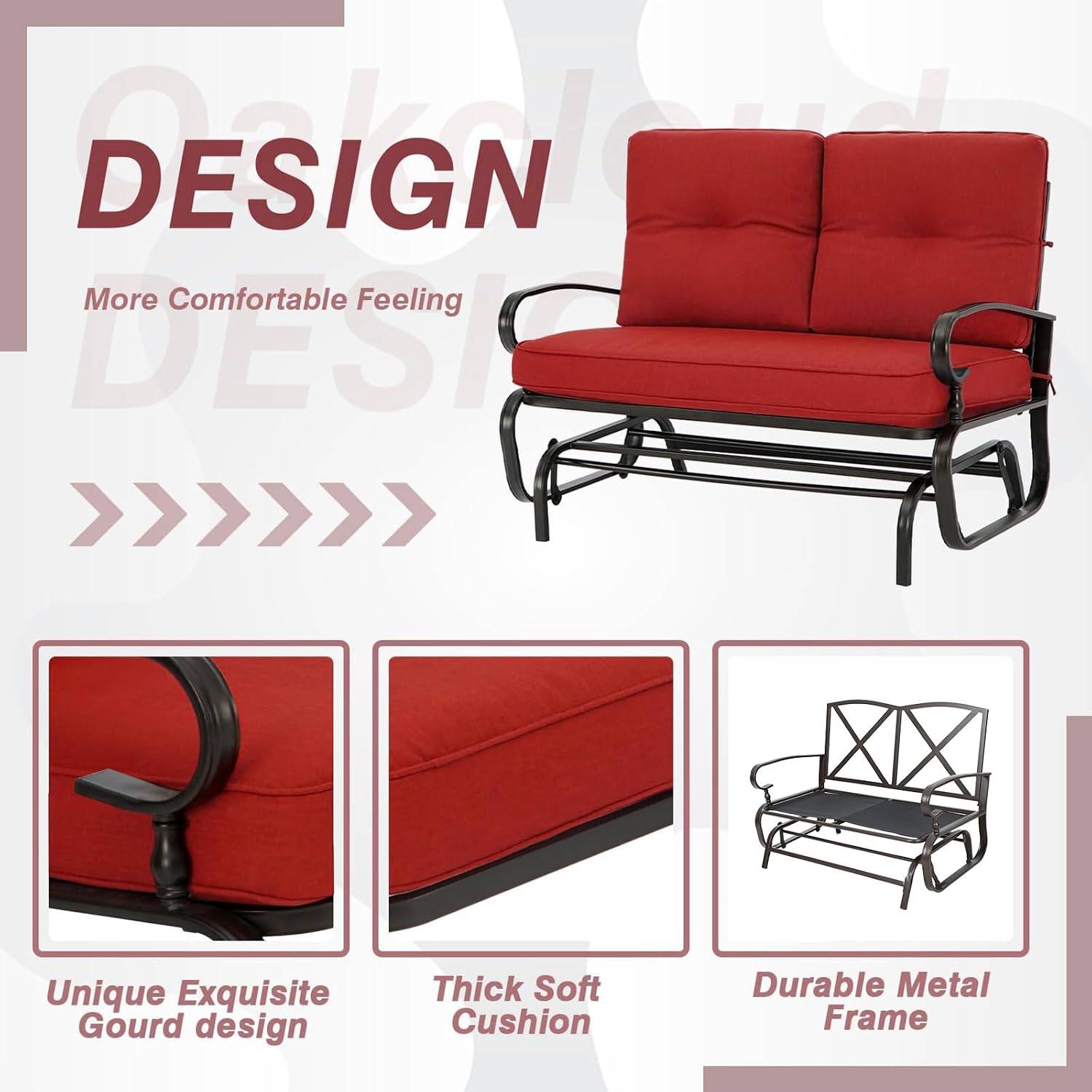Outdoor Glider Rocking Bench 2 Person Patio Loveseat Steel Frame Furniture Set with Removable Cushion for Patio, Garden, Yard, Porch (Red)