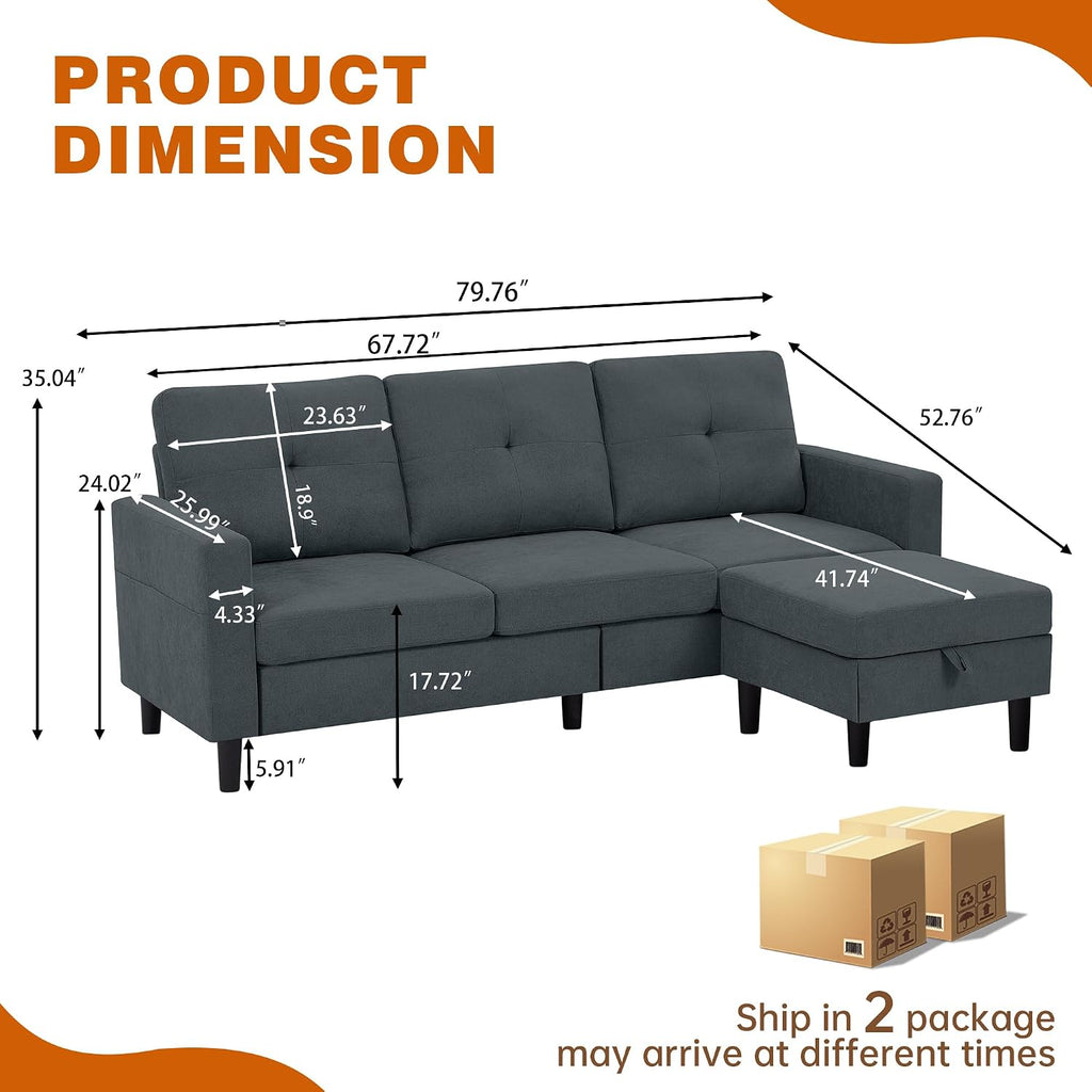 80' Convertible Sectional Sofa Couch with Movable Ottoman, 3 Seats Sectional Sofas L Shaped Couch for Small Spaces, Soft Fabric Couch for Living Room (Dark Grey)
