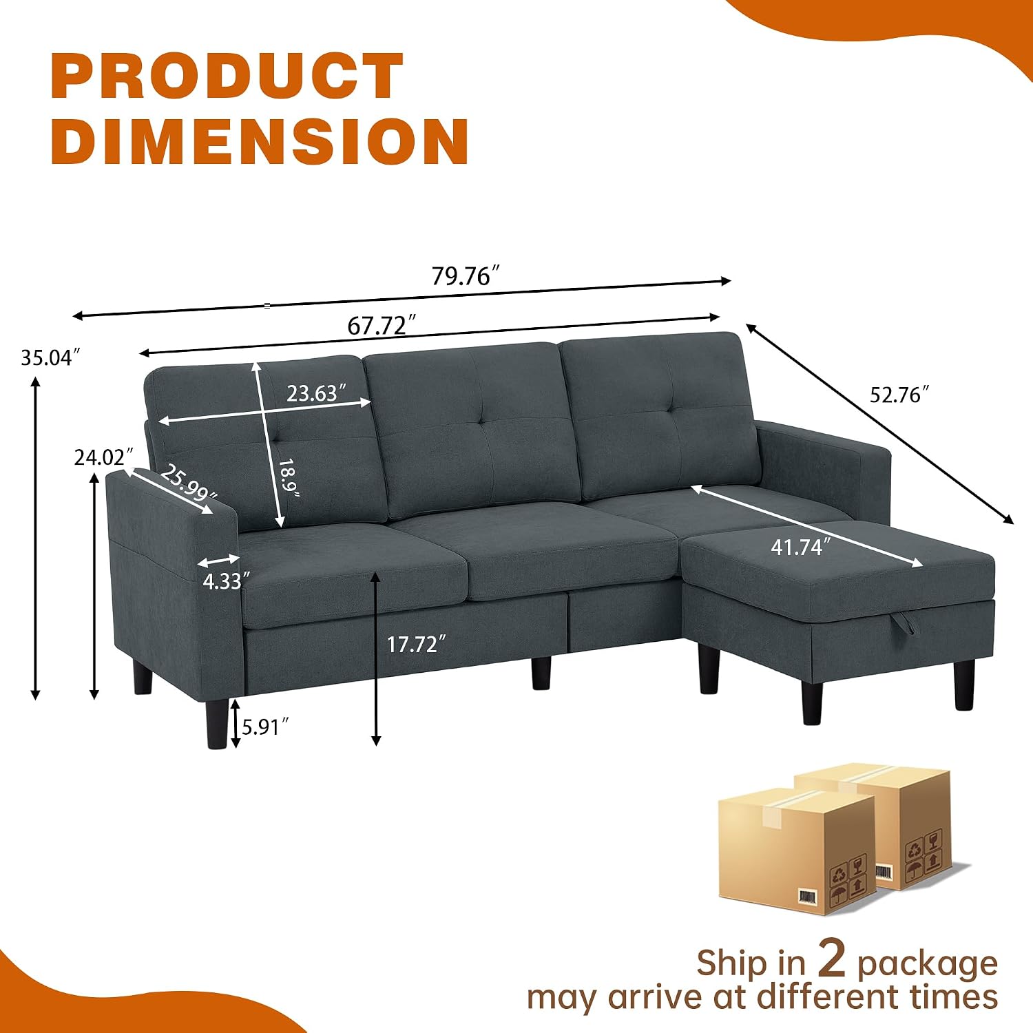 80' Convertible Sectional Sofa Couch with Movable Ottoman, 3 Seats Sectional Sofas L Shaped Couch for Small Spaces, Soft Fabric Couch for Living Room (Dark Grey)