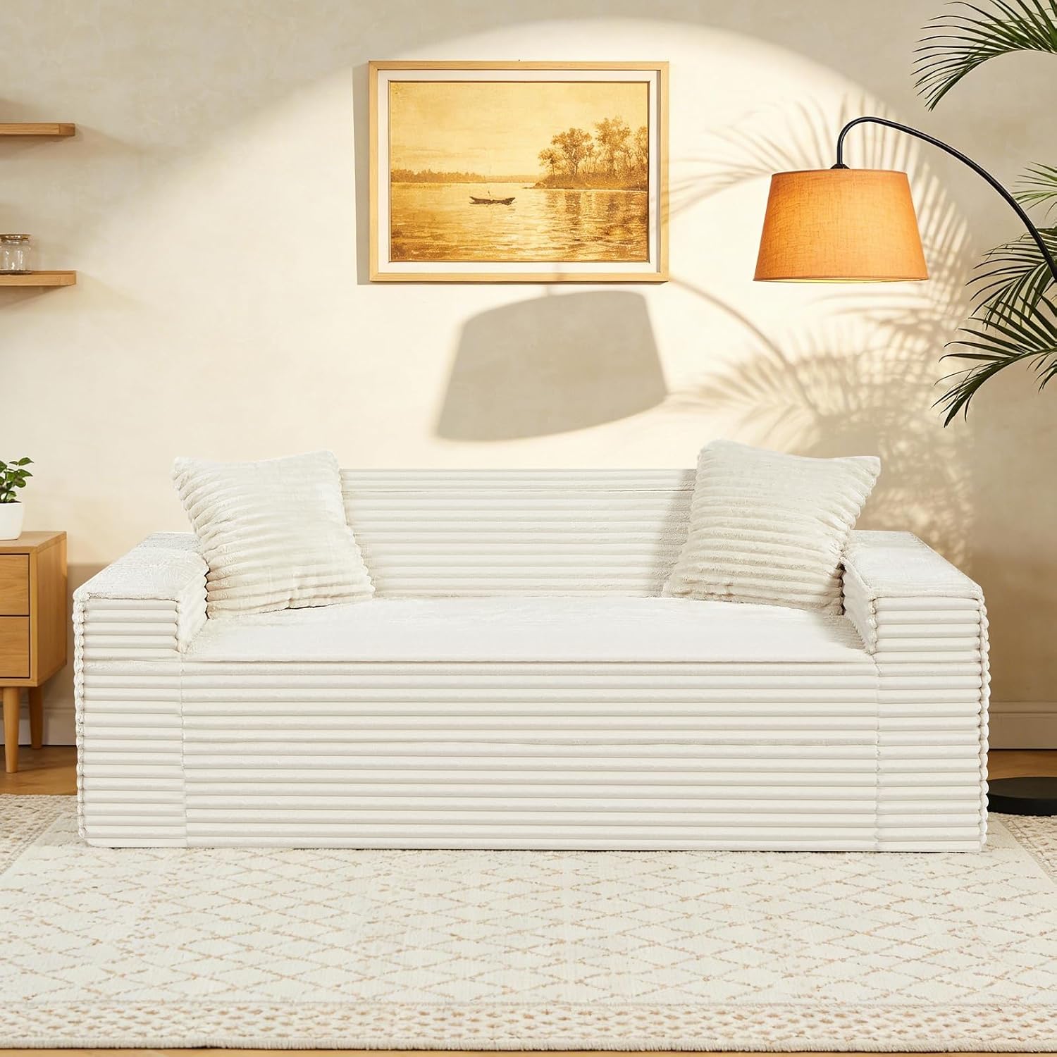 3 Seater Sofa Couch for Living Room (Beige, 38' D + 2 Pillows)