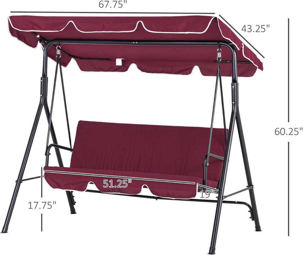 Outsunny 3-Seat Outdoor Patio Swing Chair with Removable Cushion, Steel Frame Stand and Adjustable Tilt Canopy for Patio, Garden, Poolside, Balcony, Backyard, Wine Red