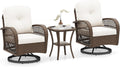 ORALNER 3 Pieces Wicker 360° Swivel Rocker Set Patio Furniture, Rocking Chairs with Cushions, Tempered Glass Coffee Table, Outdoor Rattan Bistro Set for Balcony Front Porch Deck Poolside (White)