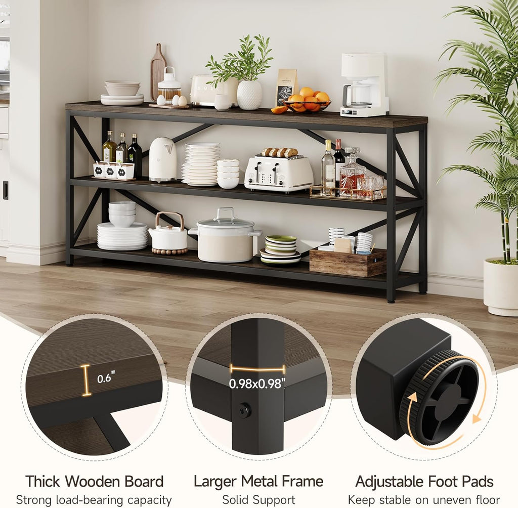 ONBRILL Industrial Console Sofa Table,70.8 Inch Extra Long Entryway Table with 3 Tier Wood Storage Shelf for Living Room, Hallway, Entrance, Narrow Sofa Table with Metal Frame, Black and Brown